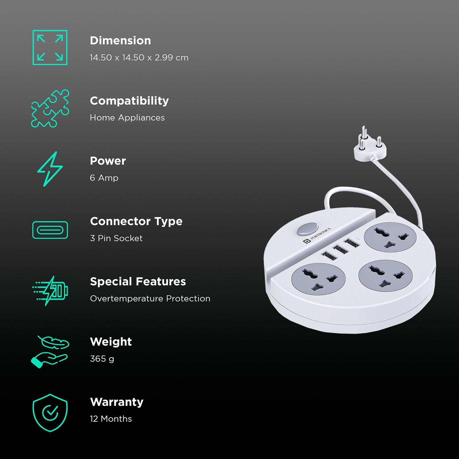 PORTRONICS Power Plate 5 3-Sockets Extension Board (1.5 Meters, 3 USB Charging Slots, POR 1359, White)_3