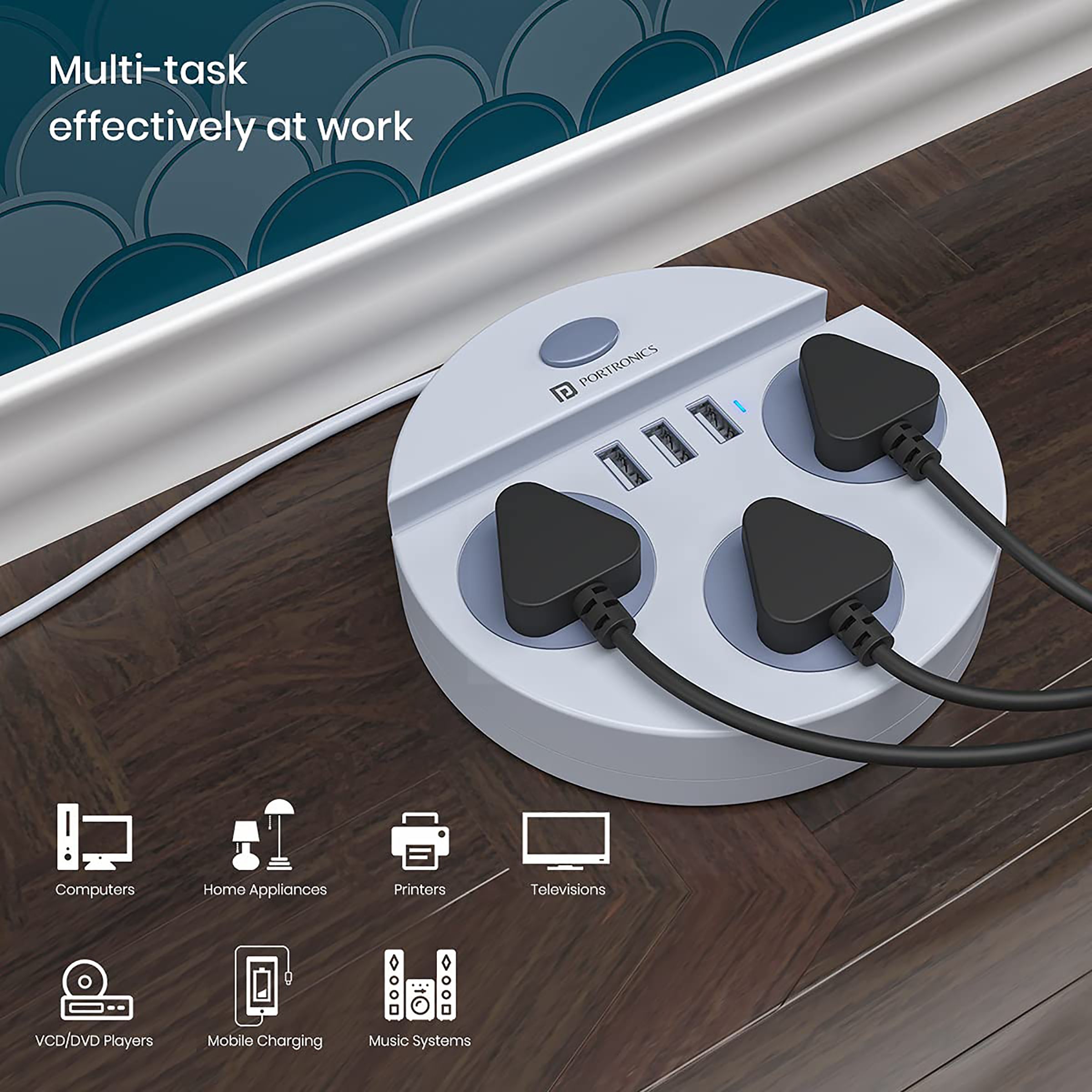 PORTRONICS Power Plate 5 3-Sockets Extension Board (1.5 Meters, 3 USB Charging Slots, POR 1359, White)_10