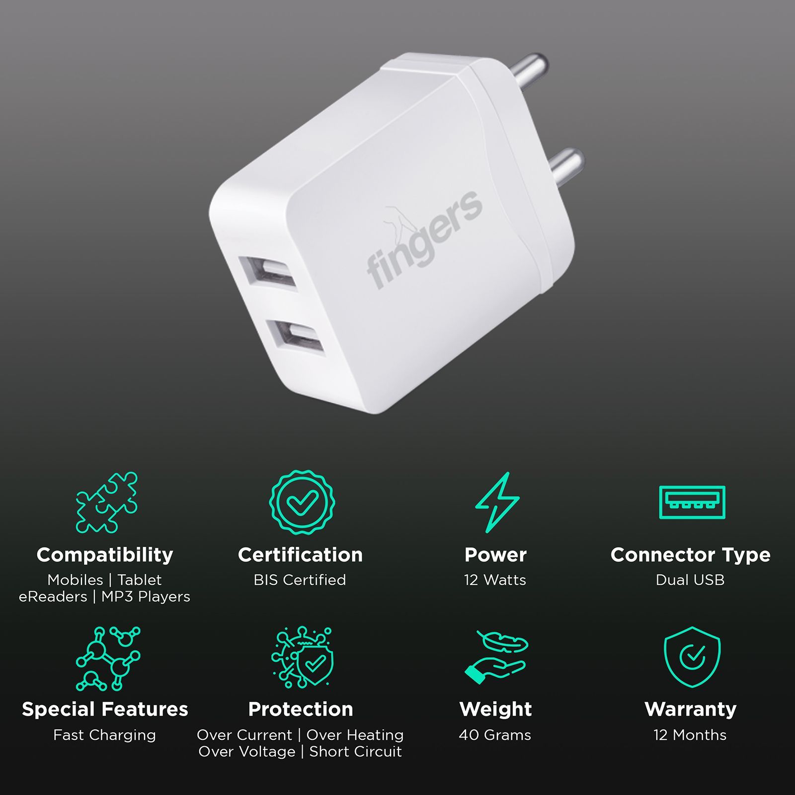 fingers 12W USB 2.0 Fast Charger (Adapter Only, Short Circuits Protection, Matte White)_2