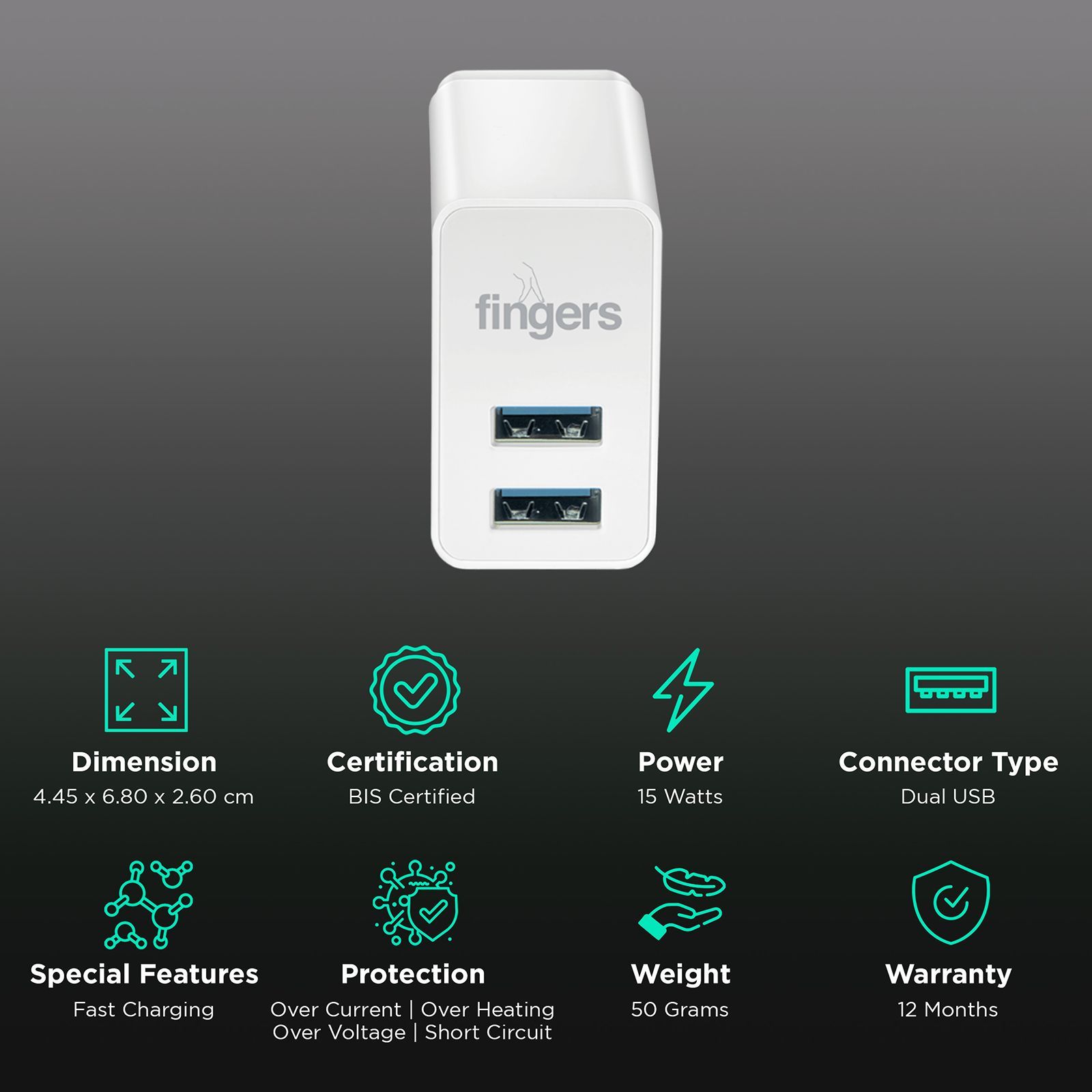 fingers 15W USB 2.0 Fast Charger (Adapter Only, Short Circuits Protection, Piano White)_2