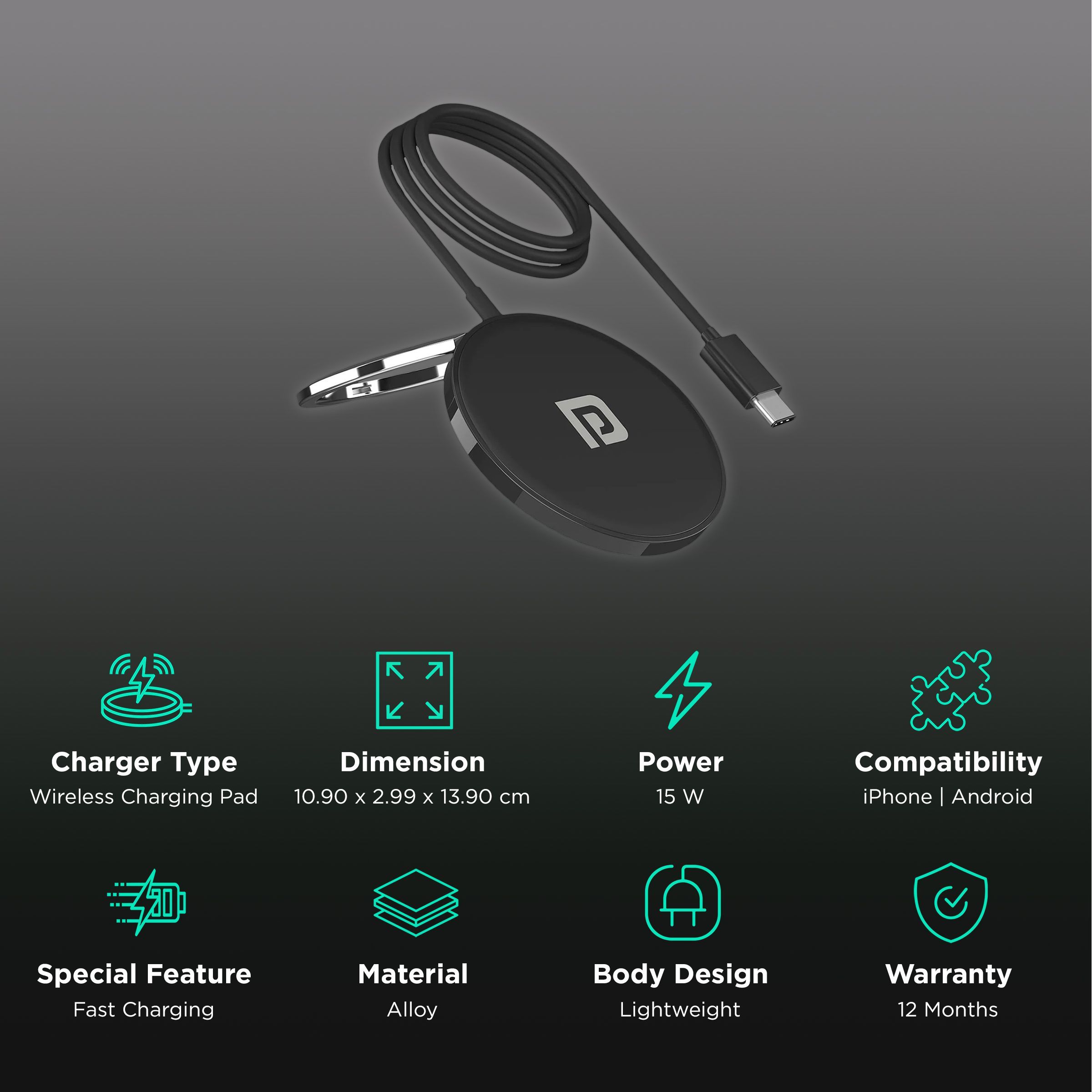 Portronics Freedom 15M 15W Wireless Charger for iPhone 12, 13 Series (Strong Alloy Build, Black)_2