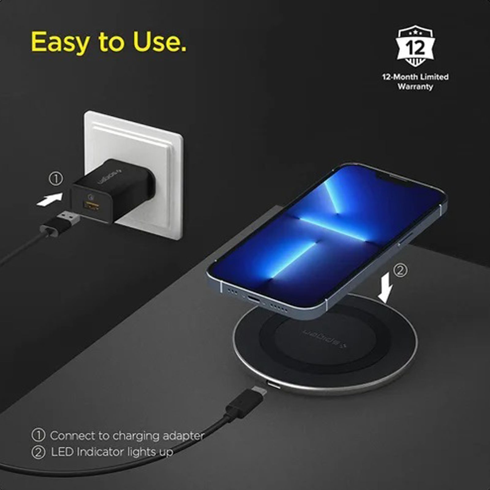 spigen Essential 15W Wireless Charger for iPhone 14, 13, 12, 11, X.8 Series/SAMSUNG Galaxy S23, S22, S21, S20/OnePlus 9, 9 Pro (Air Boost Technology, Black)_6