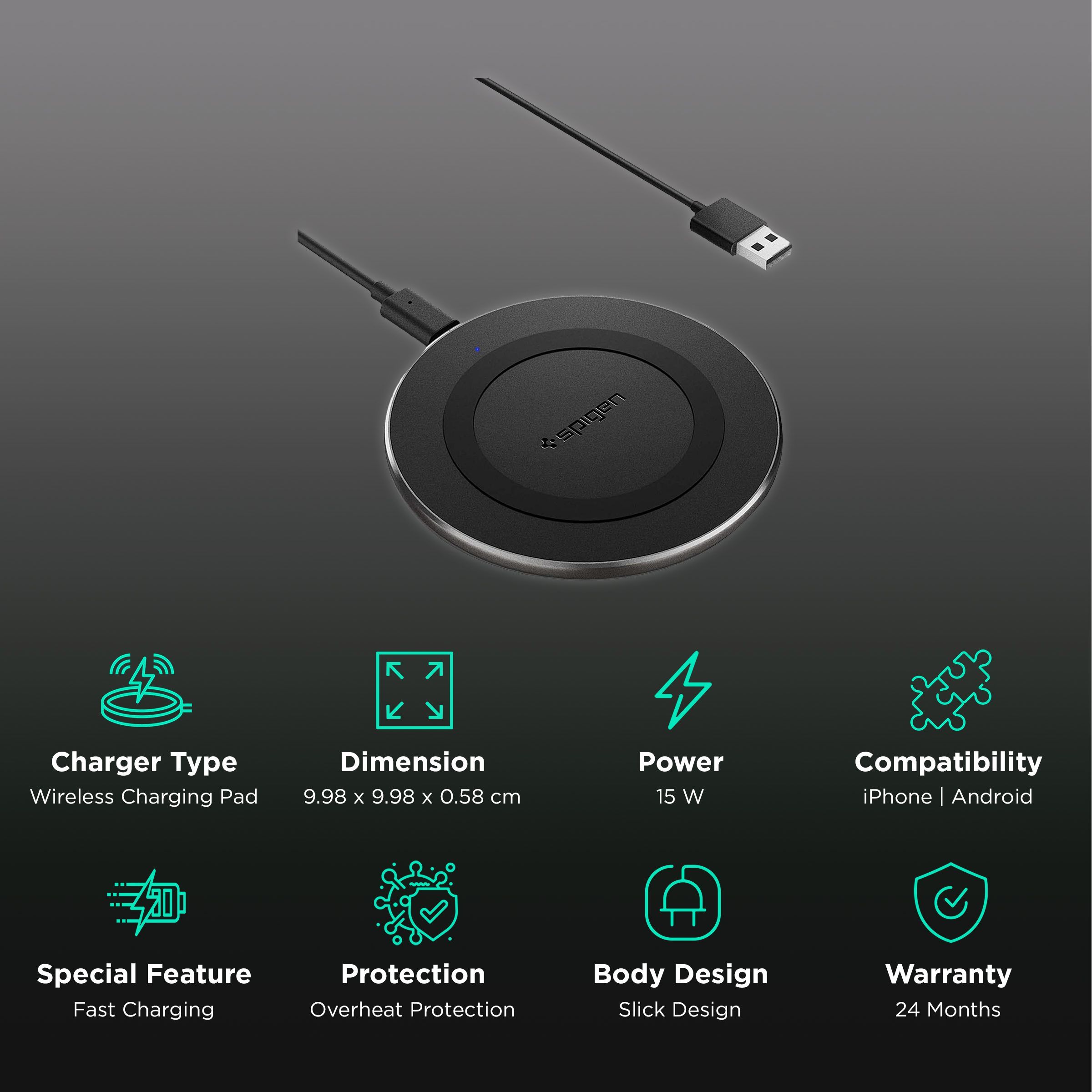 spigen Essential 15W Wireless Charger for iPhone 14, 13, 12, 11, X.8 Series/SAMSUNG Galaxy S23, S22, S21, S20/OnePlus 9, 9 Pro (Air Boost Technology, Black)_2