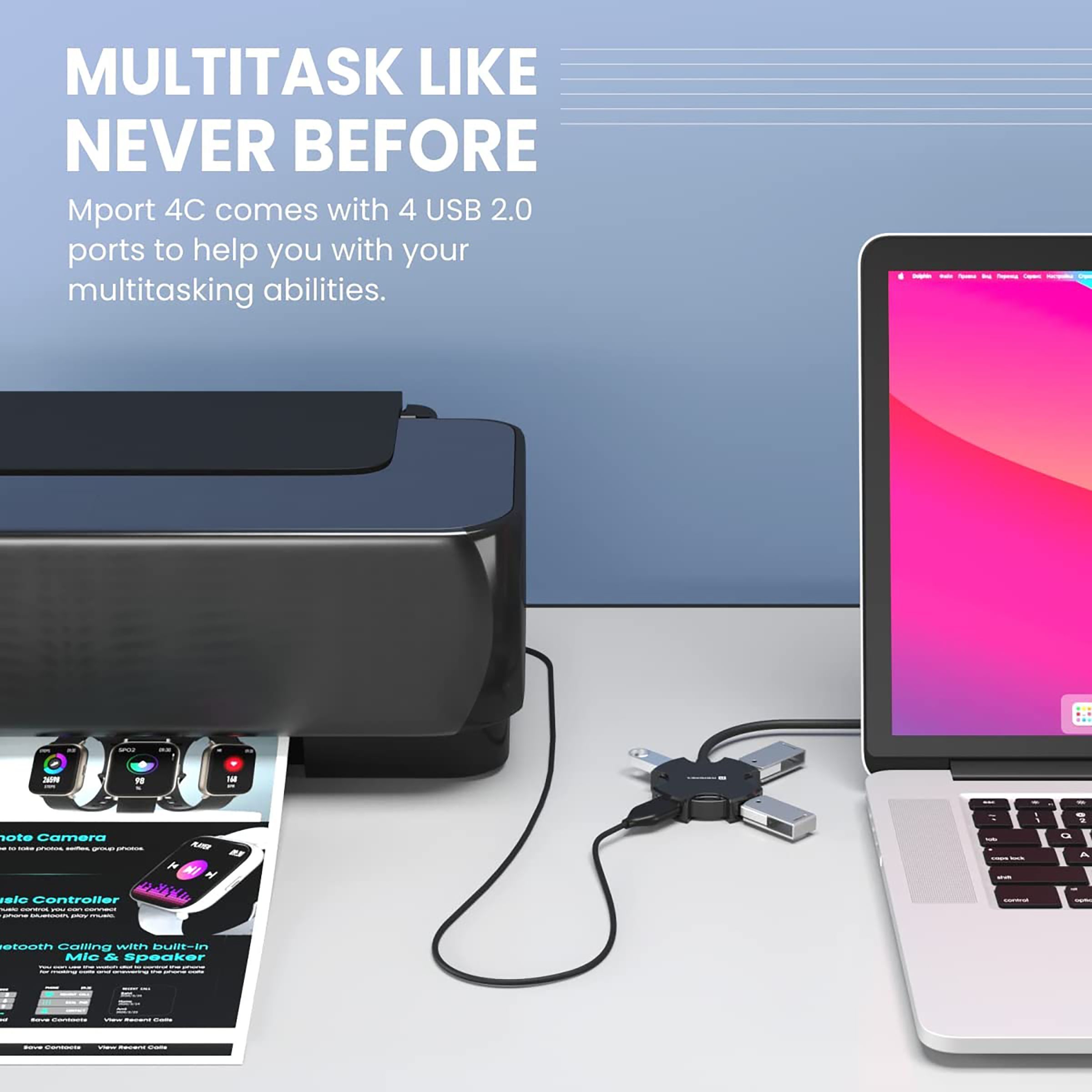 Portronics Mport 4C 4-in-1 USB 2.0 Type A to USB 2.0 Type A USB Hub (360 Degree Functioning, Black)_3