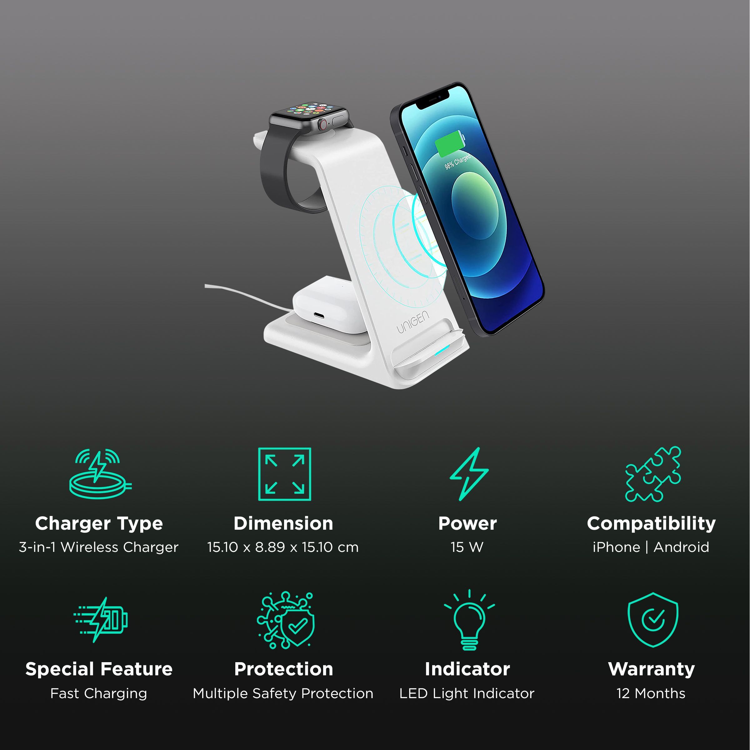 Unigen Unidock 250 15W 3-in-1 Wireless Charging Stand for iPhone 14, 13, 12, 12 Pro, 12 Pro Max, 12 Mini, 11, 11 Pro, 11 Pro Max, Xs, Xs Max, XR, X, 8, 8 Plus, iWatch SE, 6, 5, 4, 3, 2 & AirPods (Multiple Safety Protection, White)_2