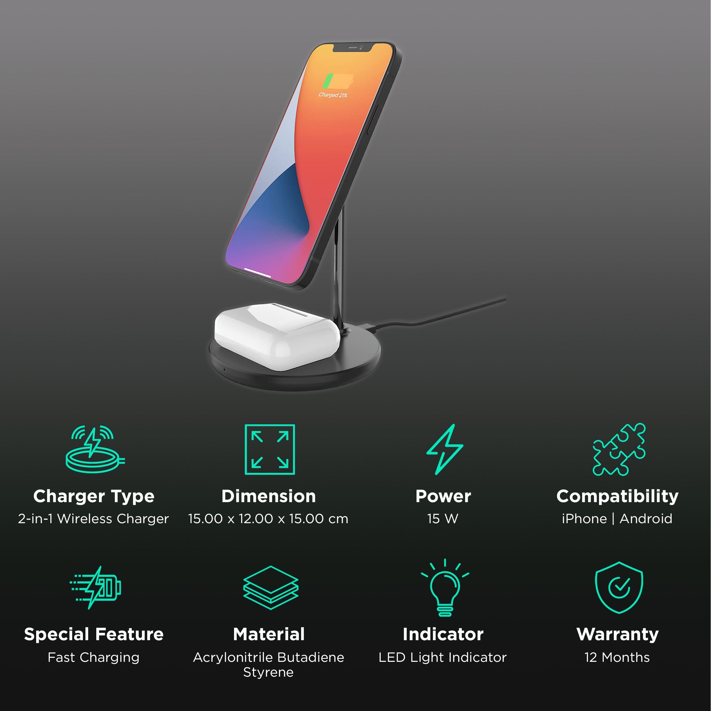 Unigen Magtec 200 15W 2-in-1 Wireless Charger for iPhone 14, 13, 12 Series & AirPods 2, 3, Pro (Qi Compatible, Black)_2