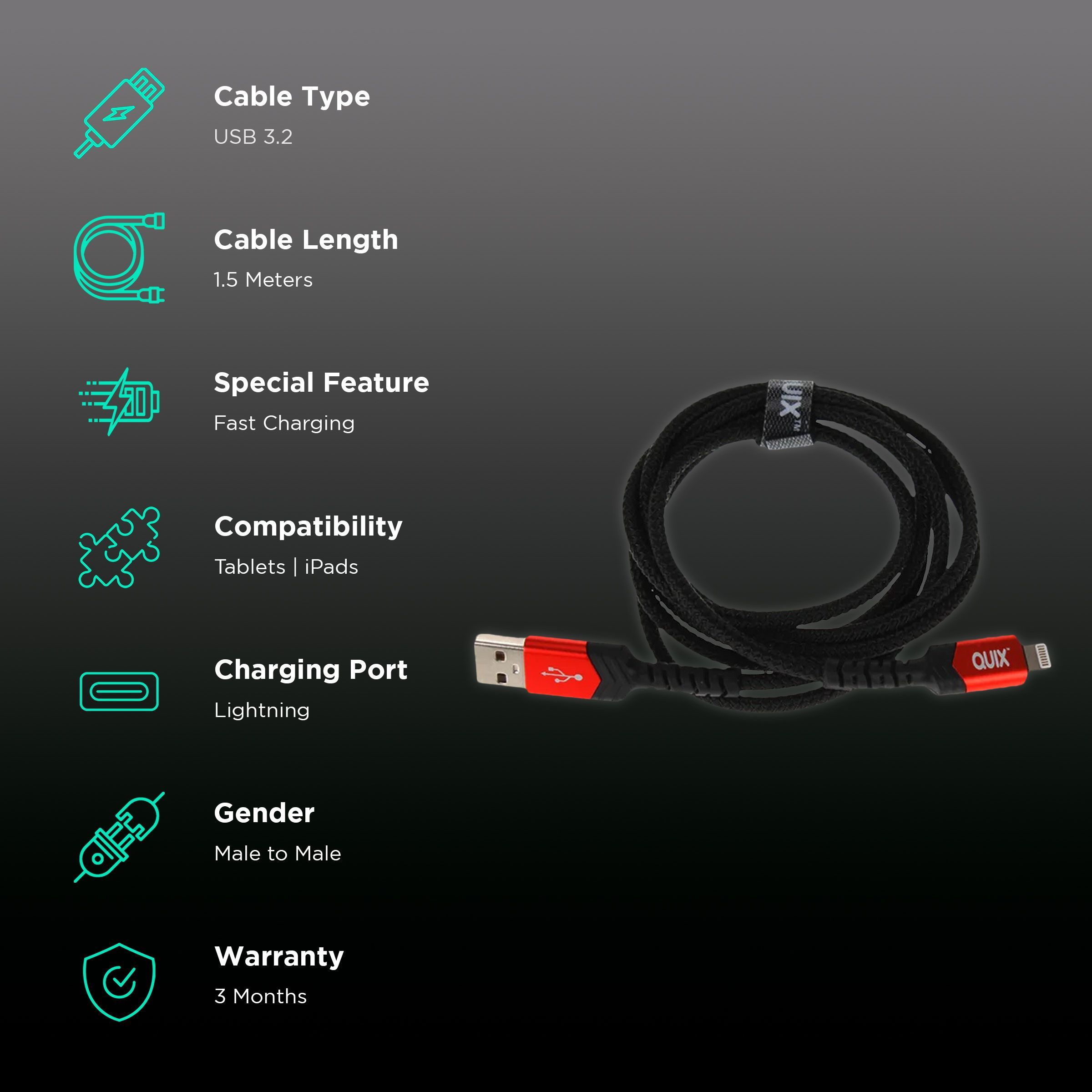 Quix USB 3.2 (Type C) to Lightning Connector 4.95 Feet (1.5 M) Cable (Sync & Charge, Black) Quix USB 3.2 (Type C) to Lightning Connector 4.95 Feet (1.5 M) Cable (Sync & Charge, Black)_2