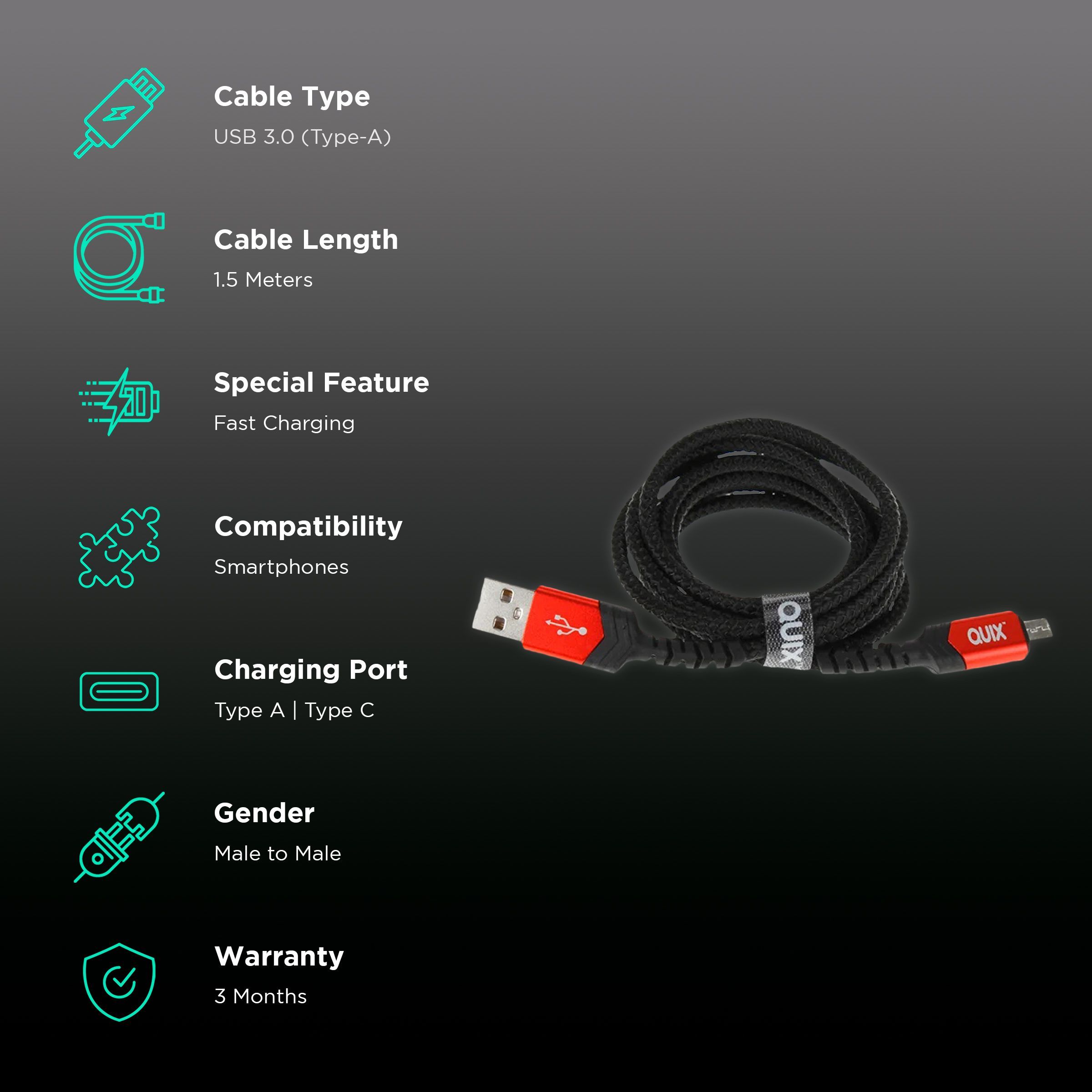 Quix Type A to Type B 4.95 Feet (1.5 M) Cable (Sync & Charge, Black) Quix Type A to Type B 4.95 Feet (1.5 M) Cable (Sync & Charge, Black)_2