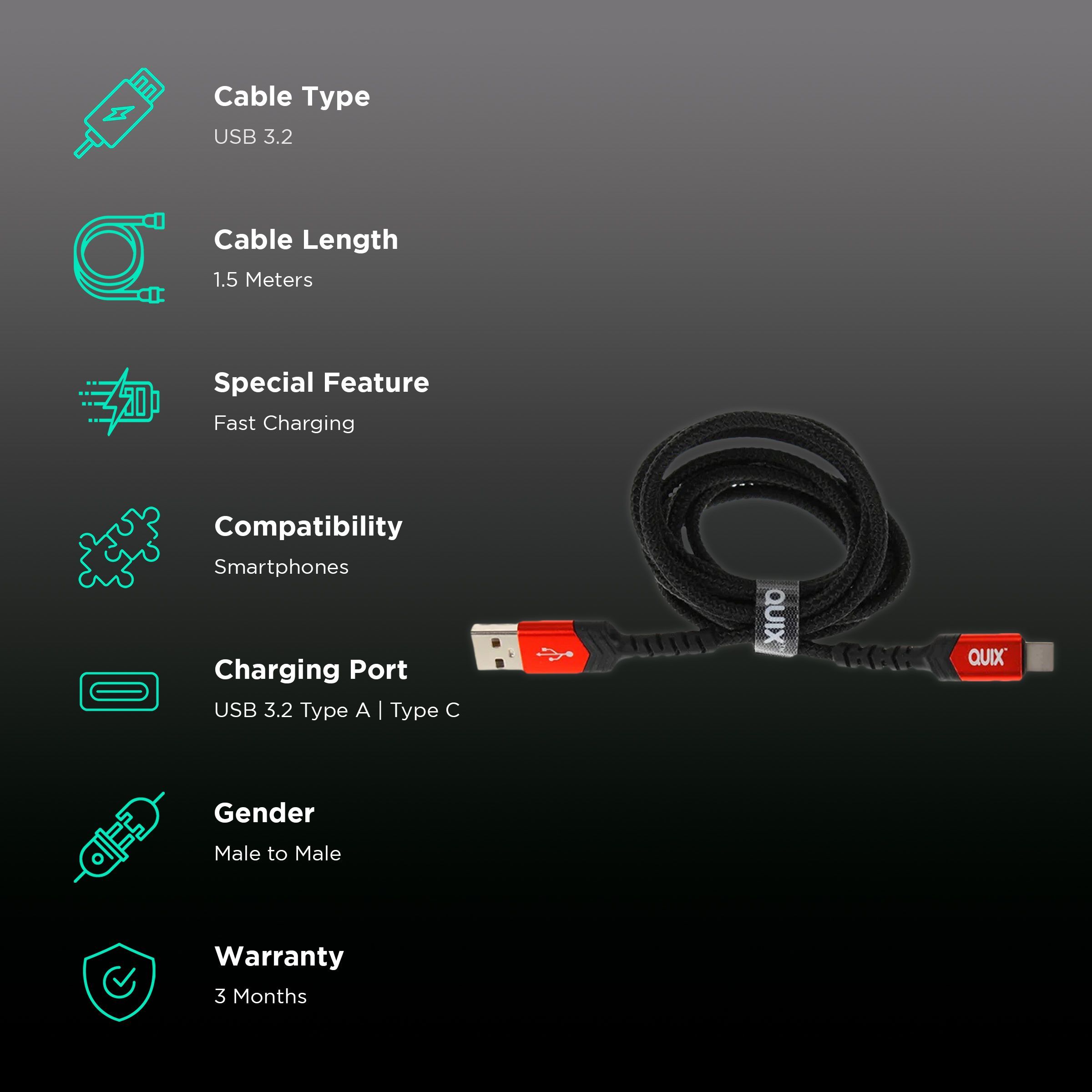Quix USB 3.2 (Type C) to USB 3.2 (Type C) 4.95 Feet (1.5 M) Cable (Sync & Charge, Black)_2