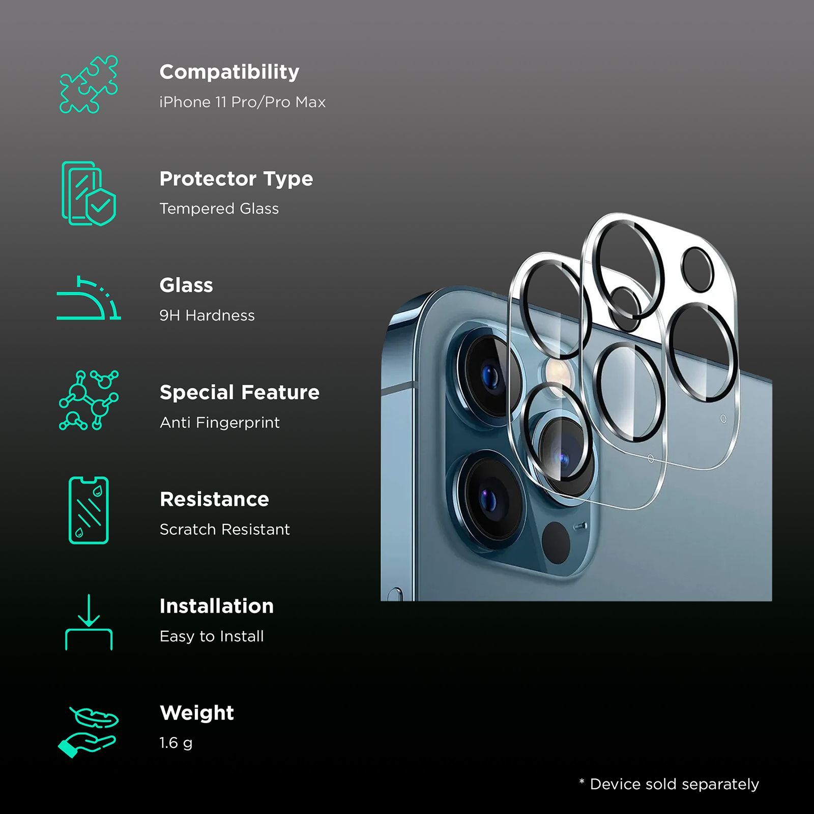 Quix Lens Protector For iPhone 11 Pro / Pro Max (9H Hardness, QLPAS0004SR, Clear)_3