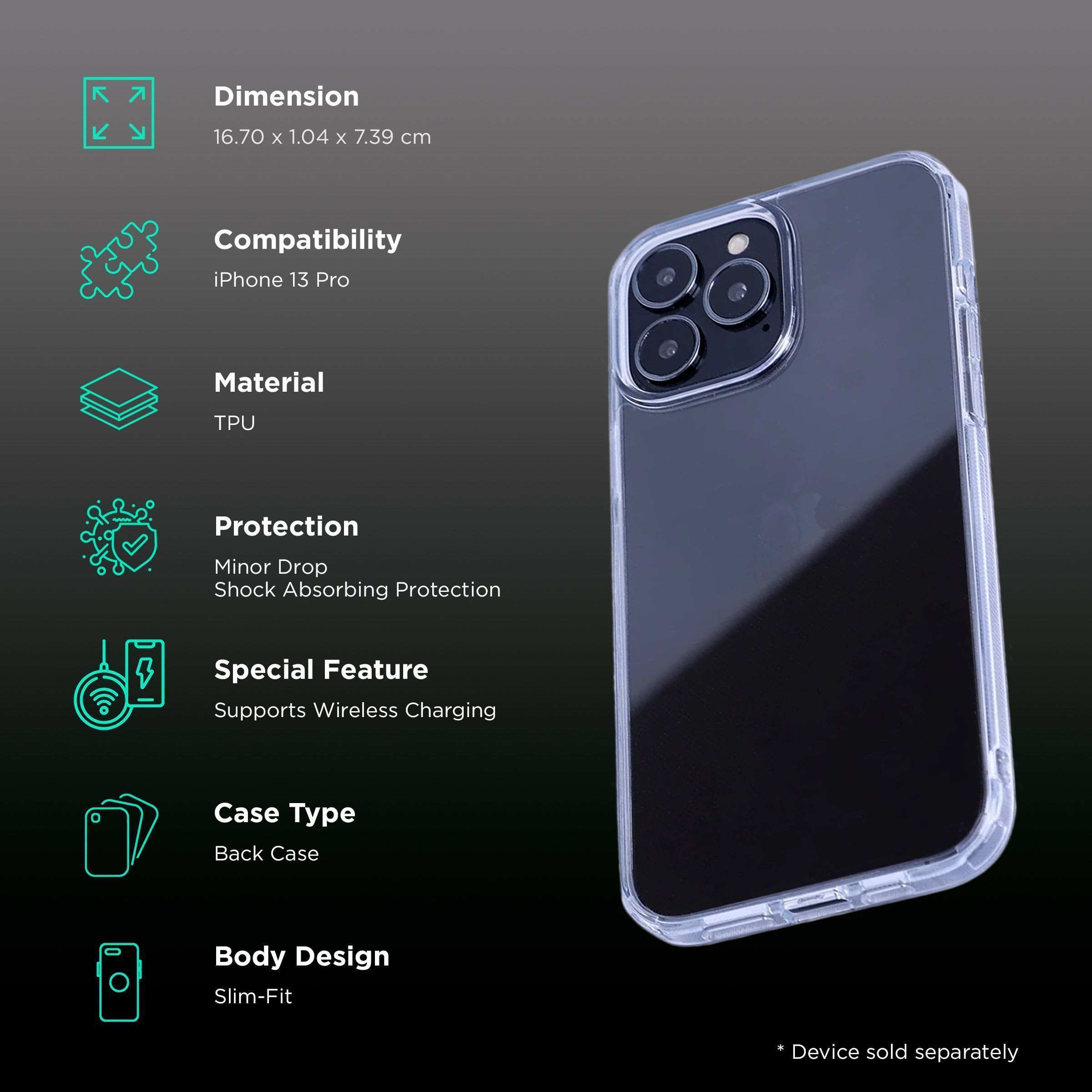 Quix TPU Back Cover for Apple iPhone 13 Pro (Wireless Charging Support, Transparent)_2