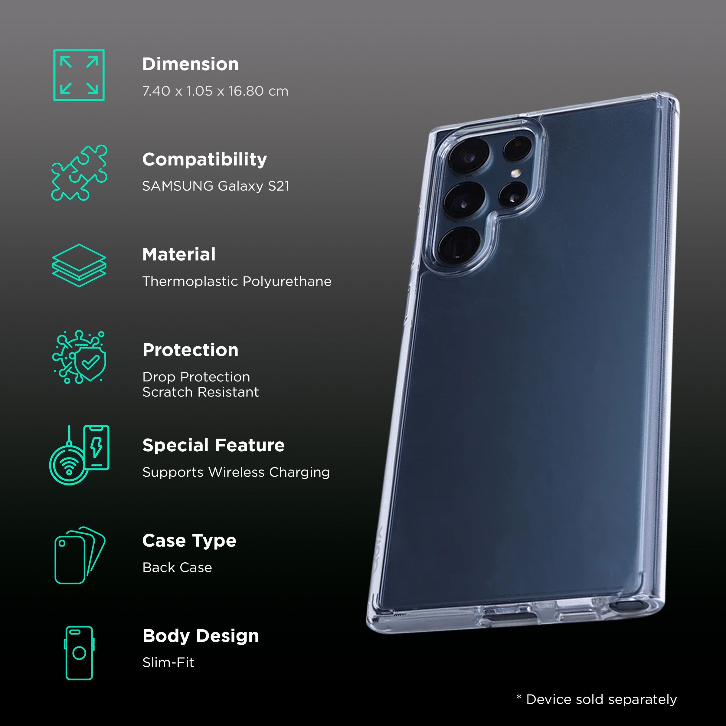 Quix TPU Back Cover for SAMSUNG Galaxy S21 Ultra (Wireless Charging Support, Crystal Clear)_2