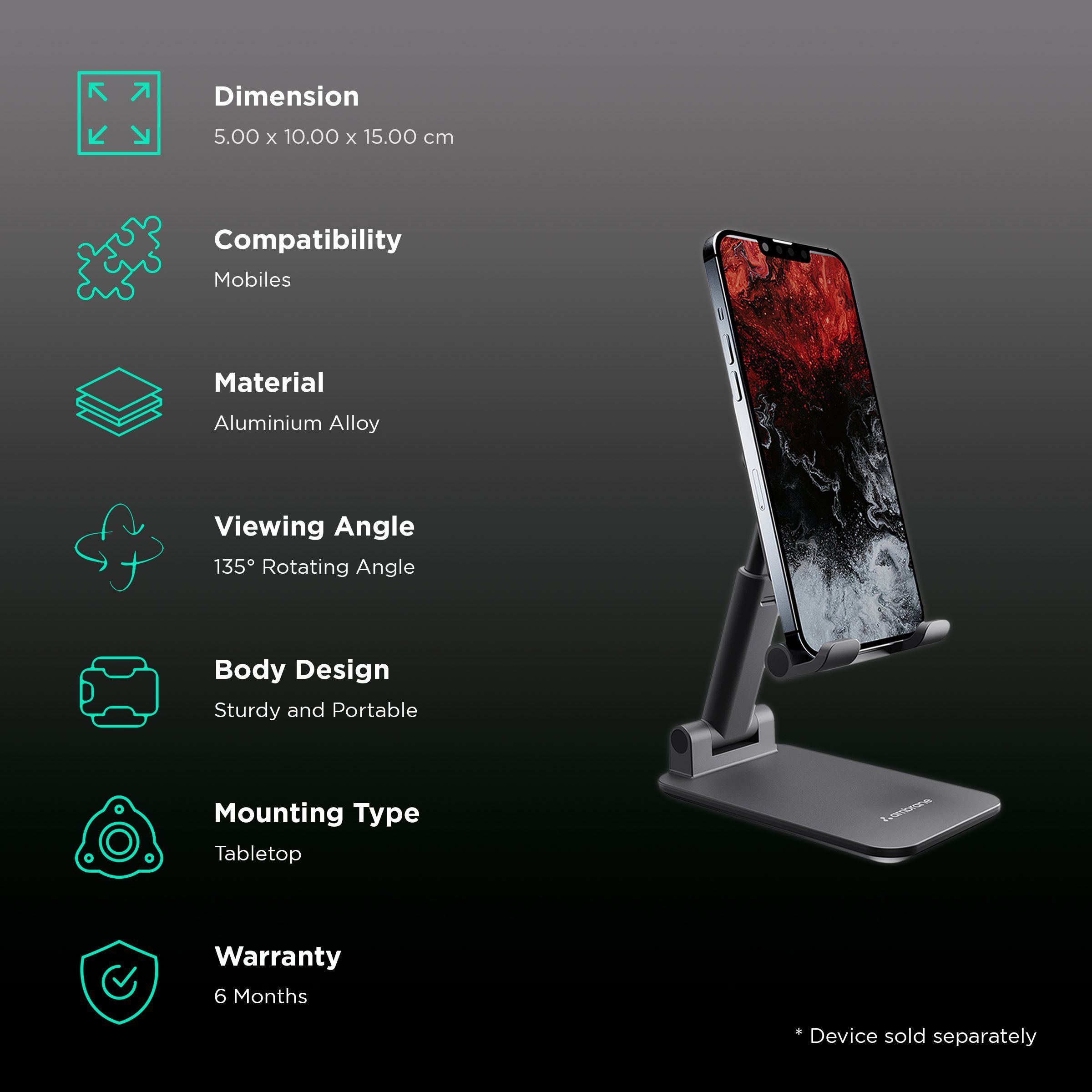 ambrane Anti Skid Holder For Mobiles (Adjustable Angle & Height, TwiStand, Black)_3