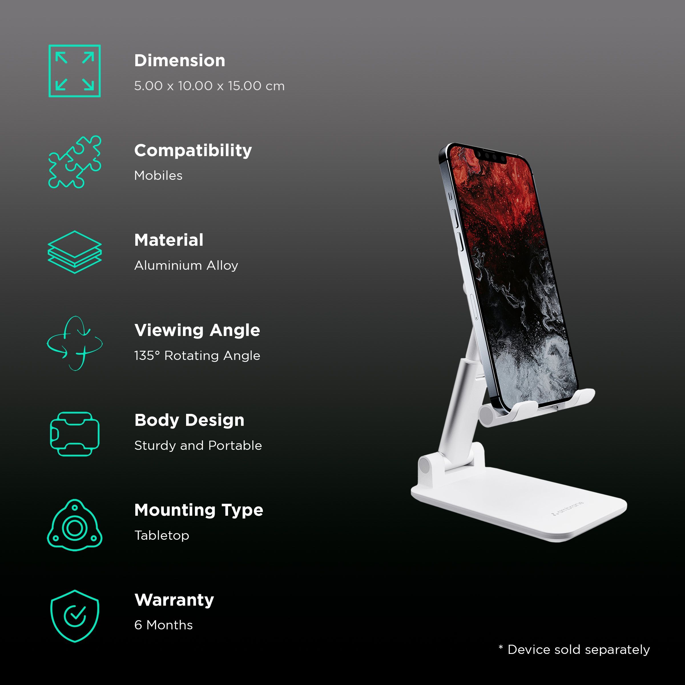 ambrane Anti Skid Holder For Mobiles (Adjustable Angle and Height, White)_3