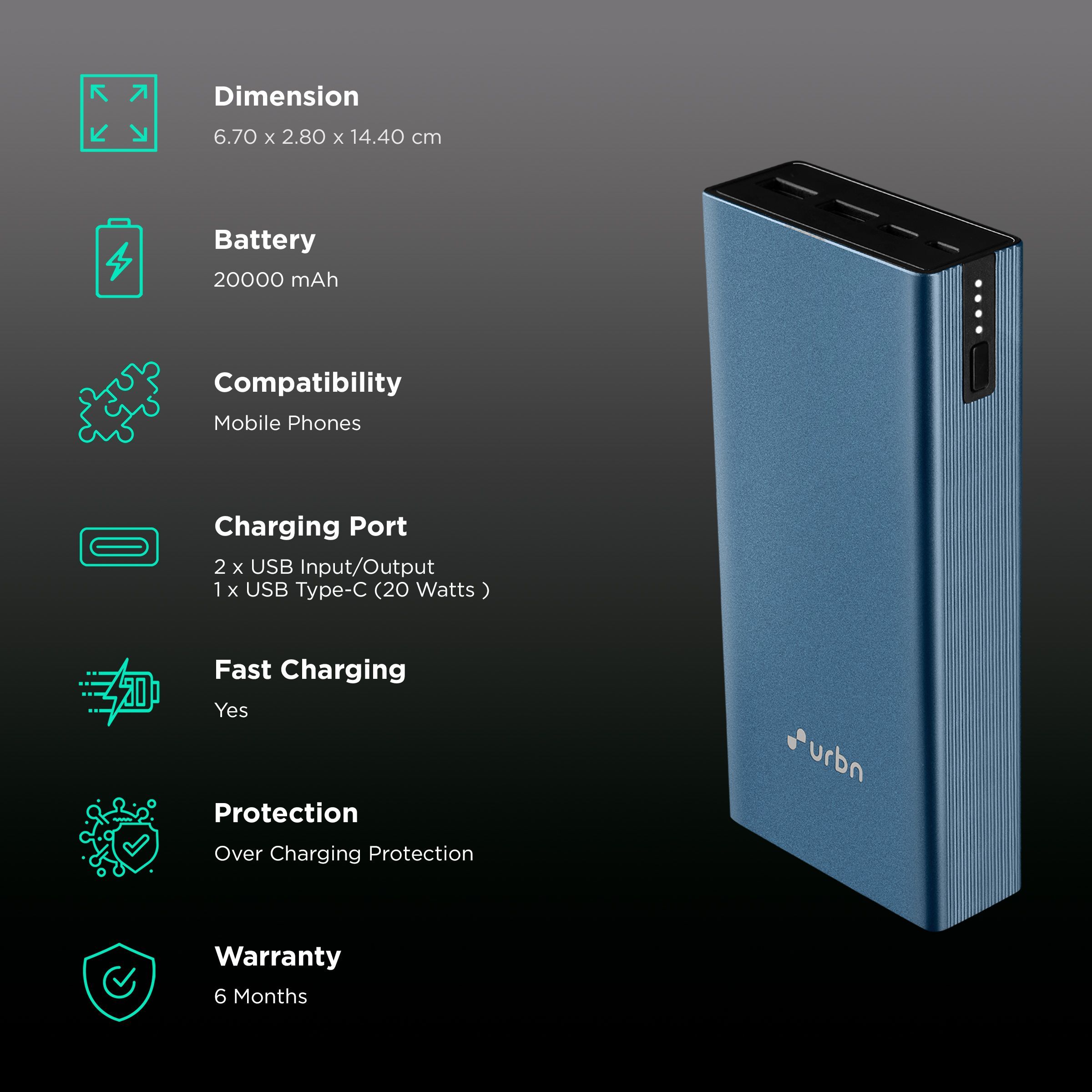 urbn 20000 mAh 20W Fast Charging Power Bank (2 USB Ports & 1 Type-C Port, Metal Body, Blue)_3