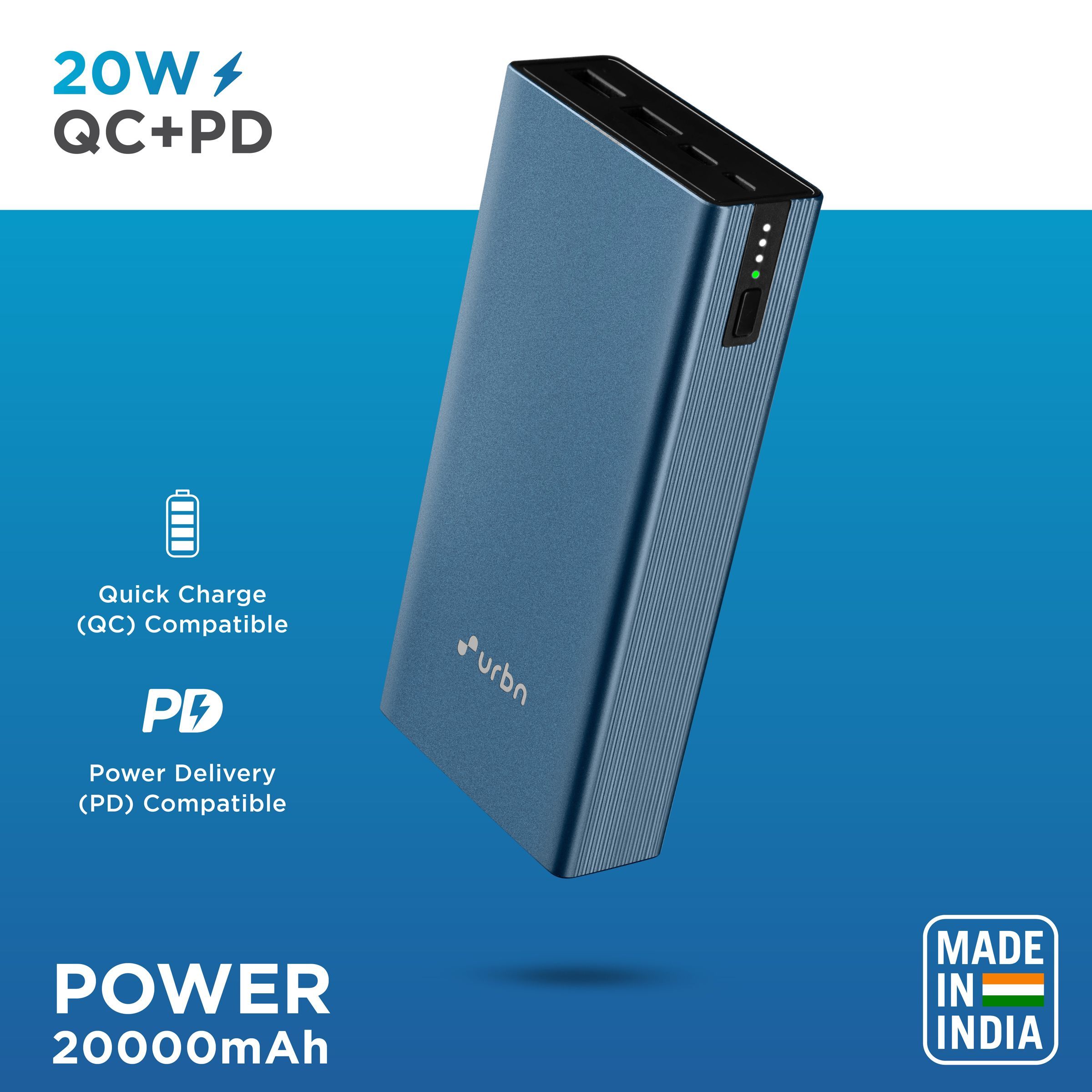 urbn 20000 mAh 20W Fast Charging Power Bank (2 USB Ports & 1 Type-C Port, Metal Body, Blue)_6