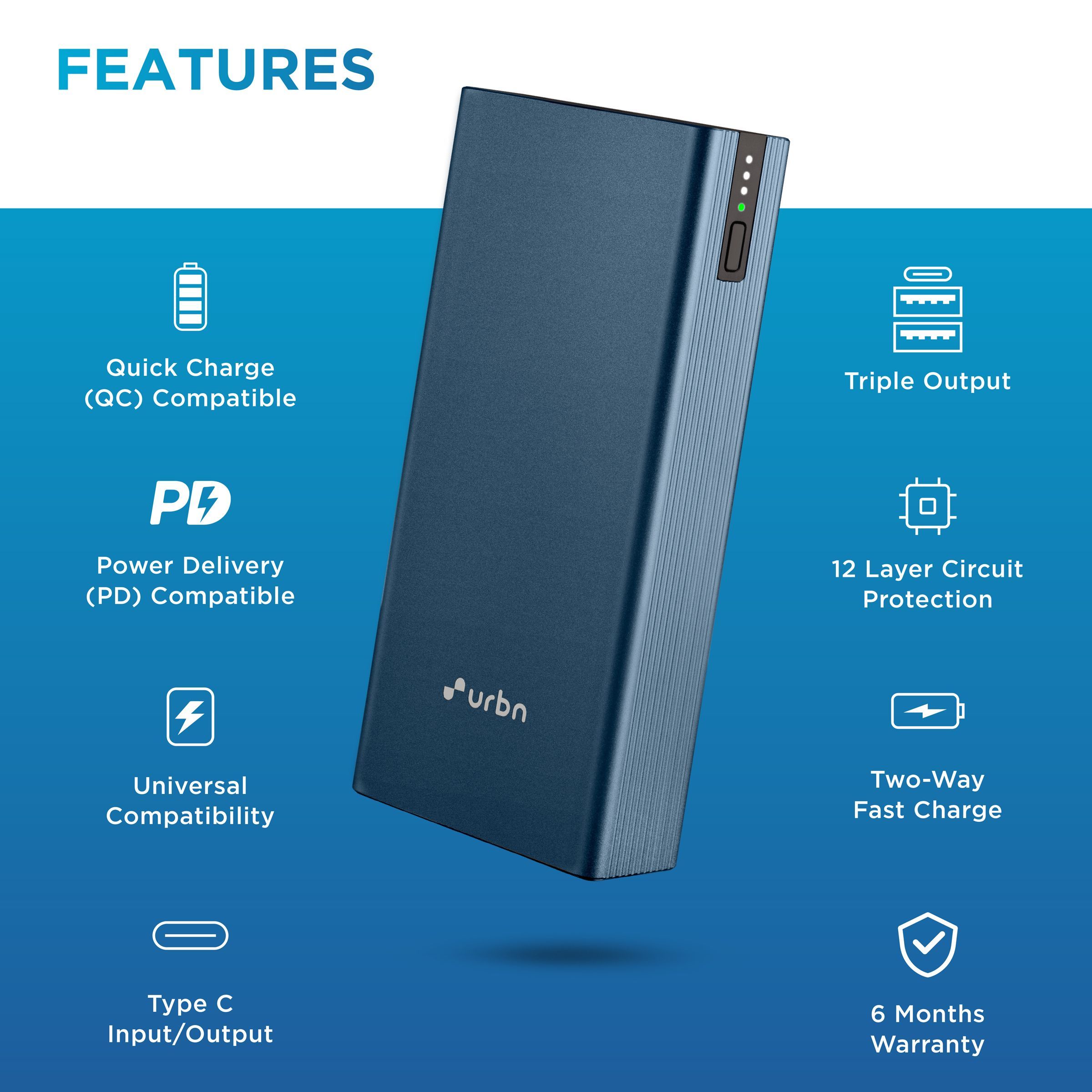 urbn 20000 mAh 20W Fast Charging Power Bank (2 USB Ports & 1 Type-C Port, Metal Body, Blue)_7