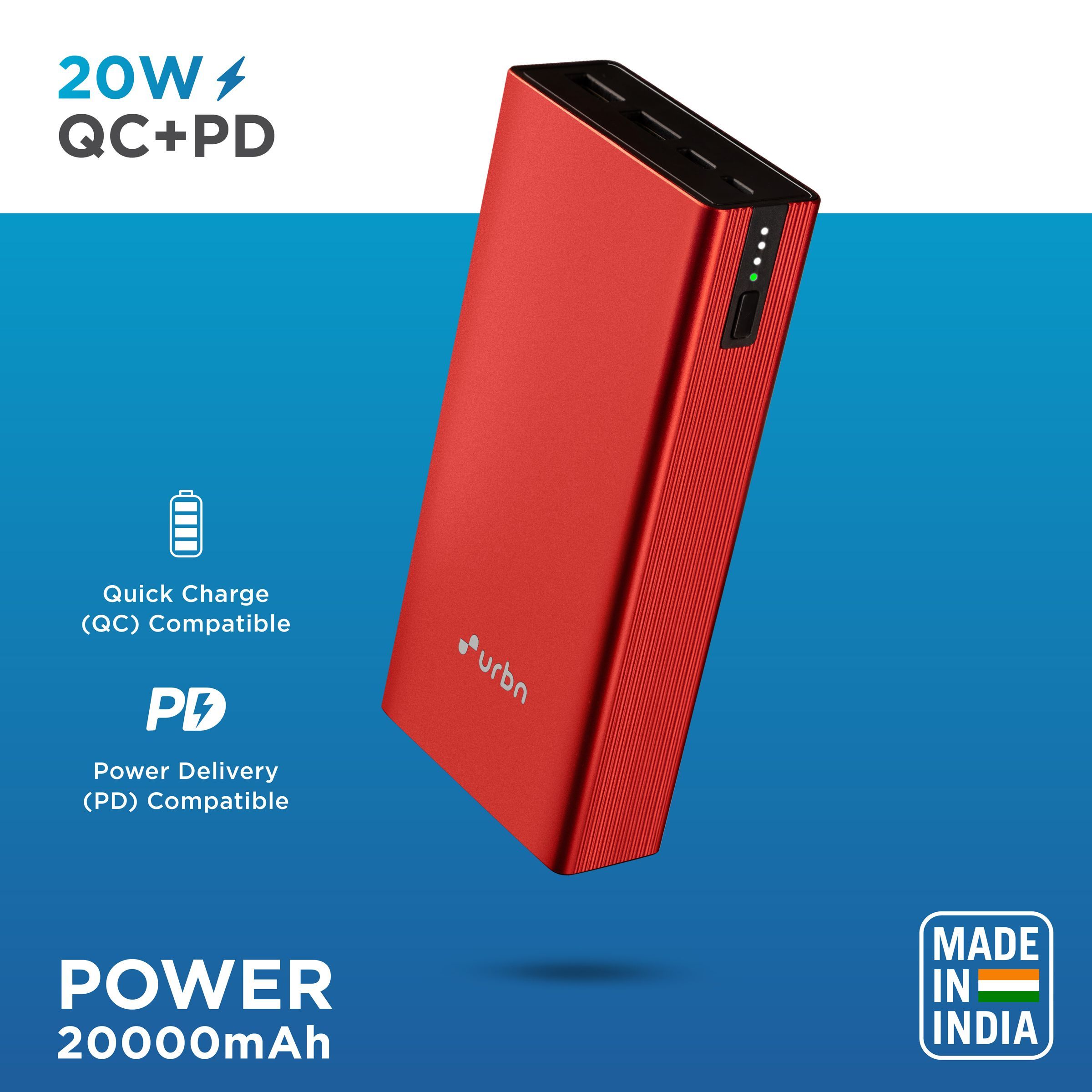urbn 20000 mAh 20W Fast Charging Power Bank (2 Type A, 1 Type C & Micro B, Premium Carbon Fibre Texture, LED Charge Indicator, Red)_5