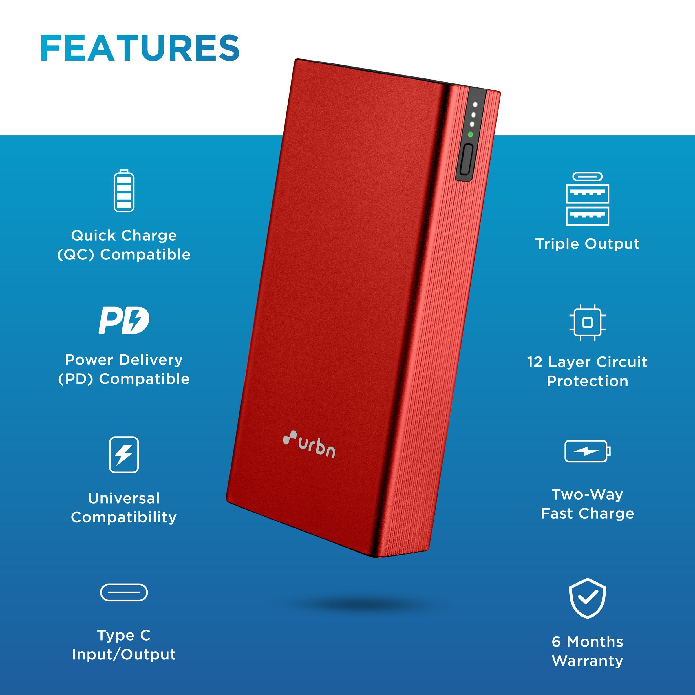 urbn 20000 mAh 20W Fast Charging Power Bank (2 Type A, 1 Type C & Micro B, Premium Carbon Fibre Texture, LED Charge Indicator, Red)_6