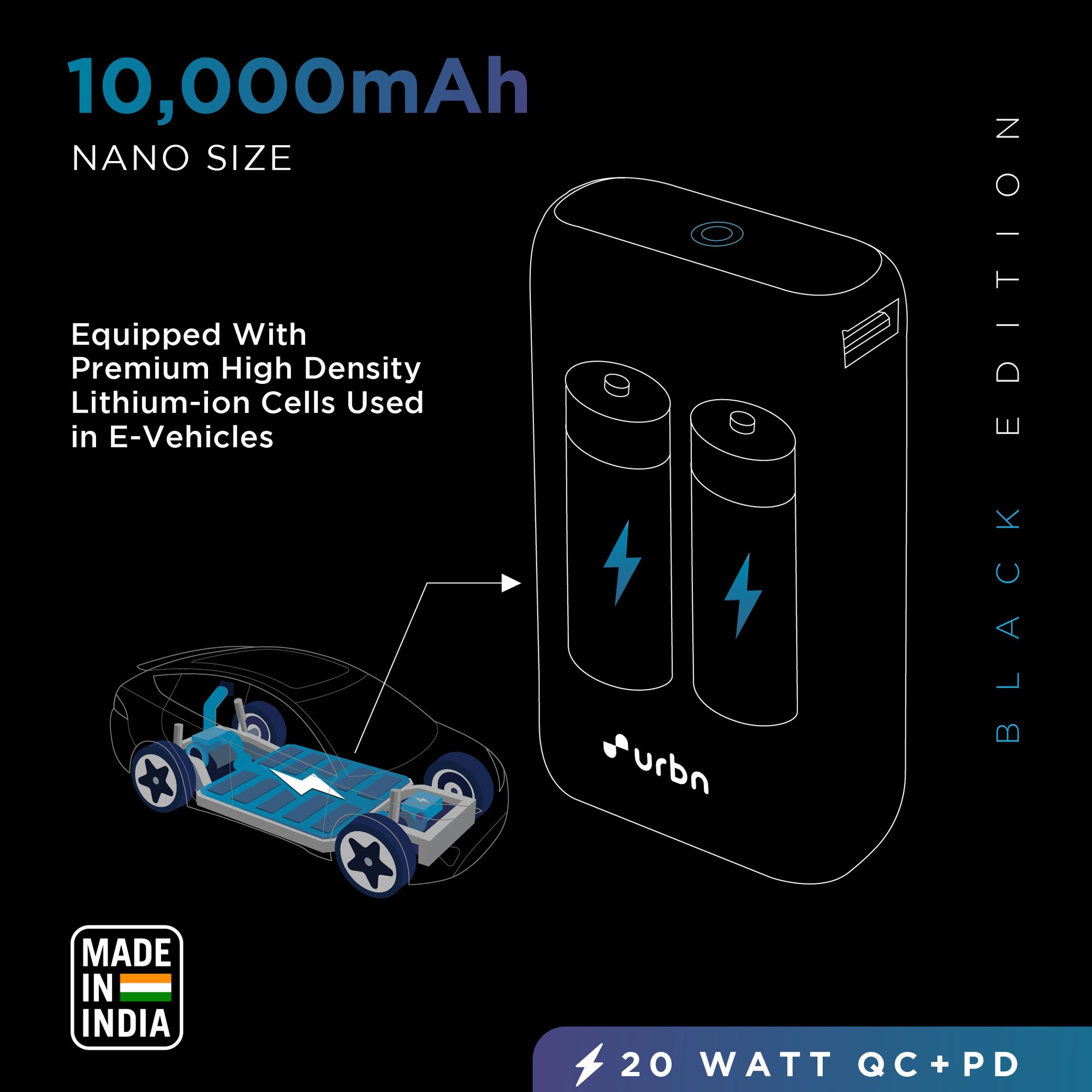 urbn Nano 10000 mAh 20W Fast Charging Power Bank (1 Type A & 1 Type C, 12 Layer Circuit Protection, Black)_7
