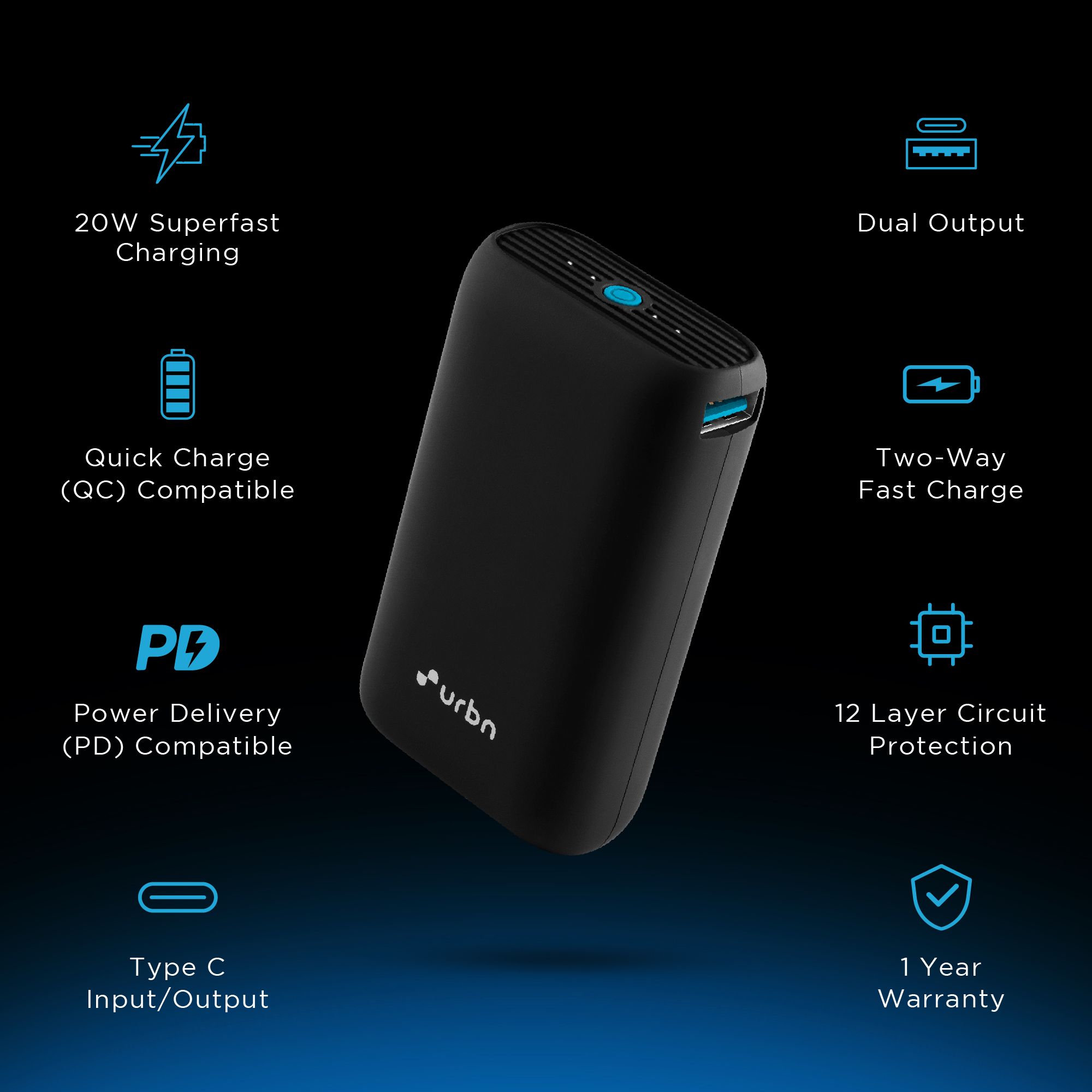 urbn Nano 10000 mAh 20W Fast Charging Power Bank (1 Type A & 1 Type C, 12 Layer Circuit Protection, Black)_8