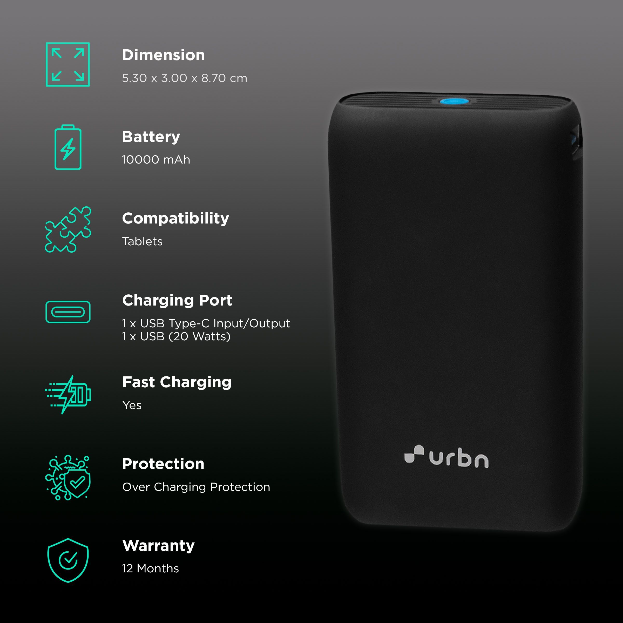urbn Nano 10000 mAh 20W Fast Charging Power Bank (1 Type A & 1 Type C, 12 Layer Circuit Protection, Black)_3