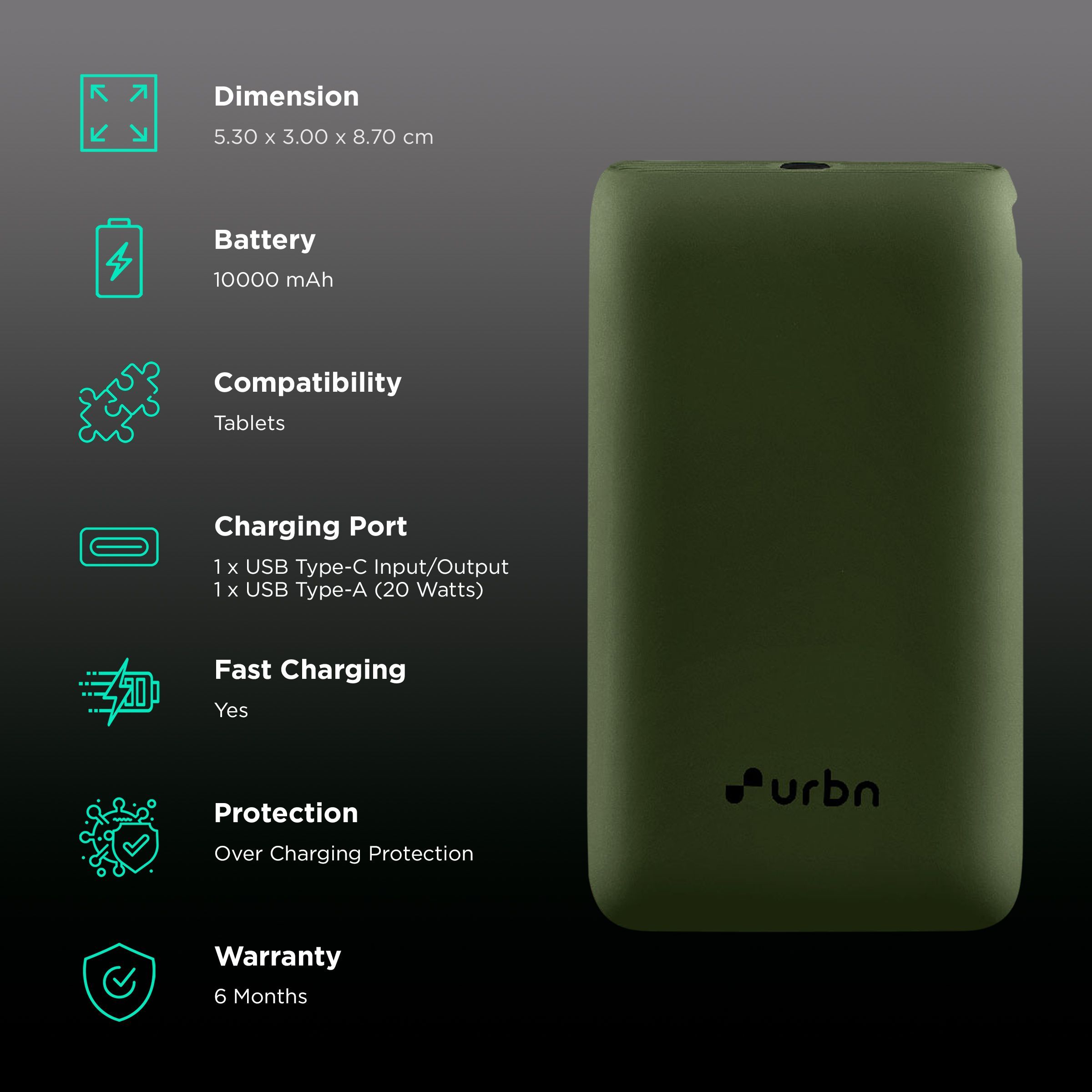 urbn Nano 10000 mAh 20W Fast Charging Power Bank (1 Type A & 1 Type C, 12 Layer Circuit Protection, Camo)_3