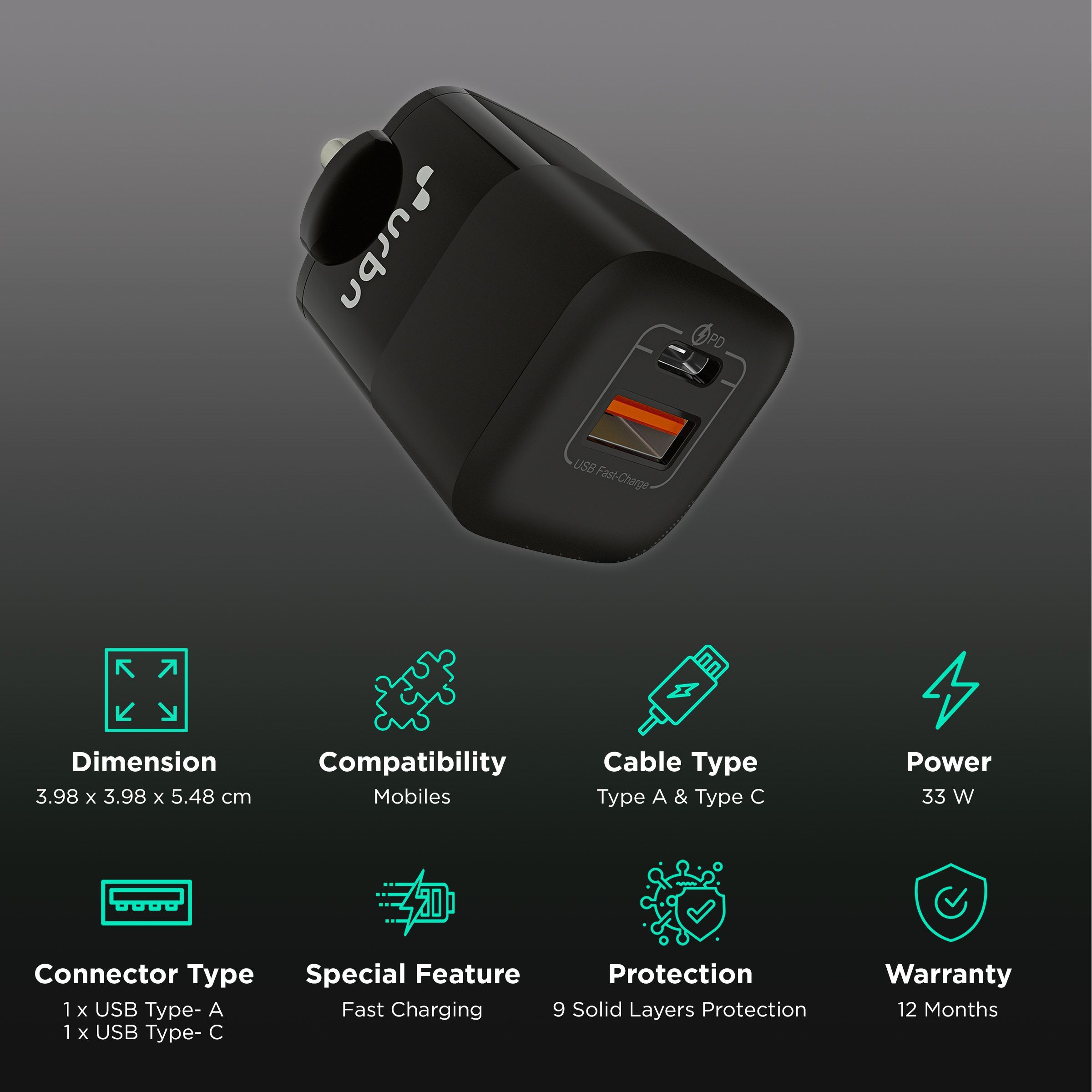 urbn 33W Type A & Type C 2-Port Fast Charger (Adapter Only, Short Circuit Control, Black)_2