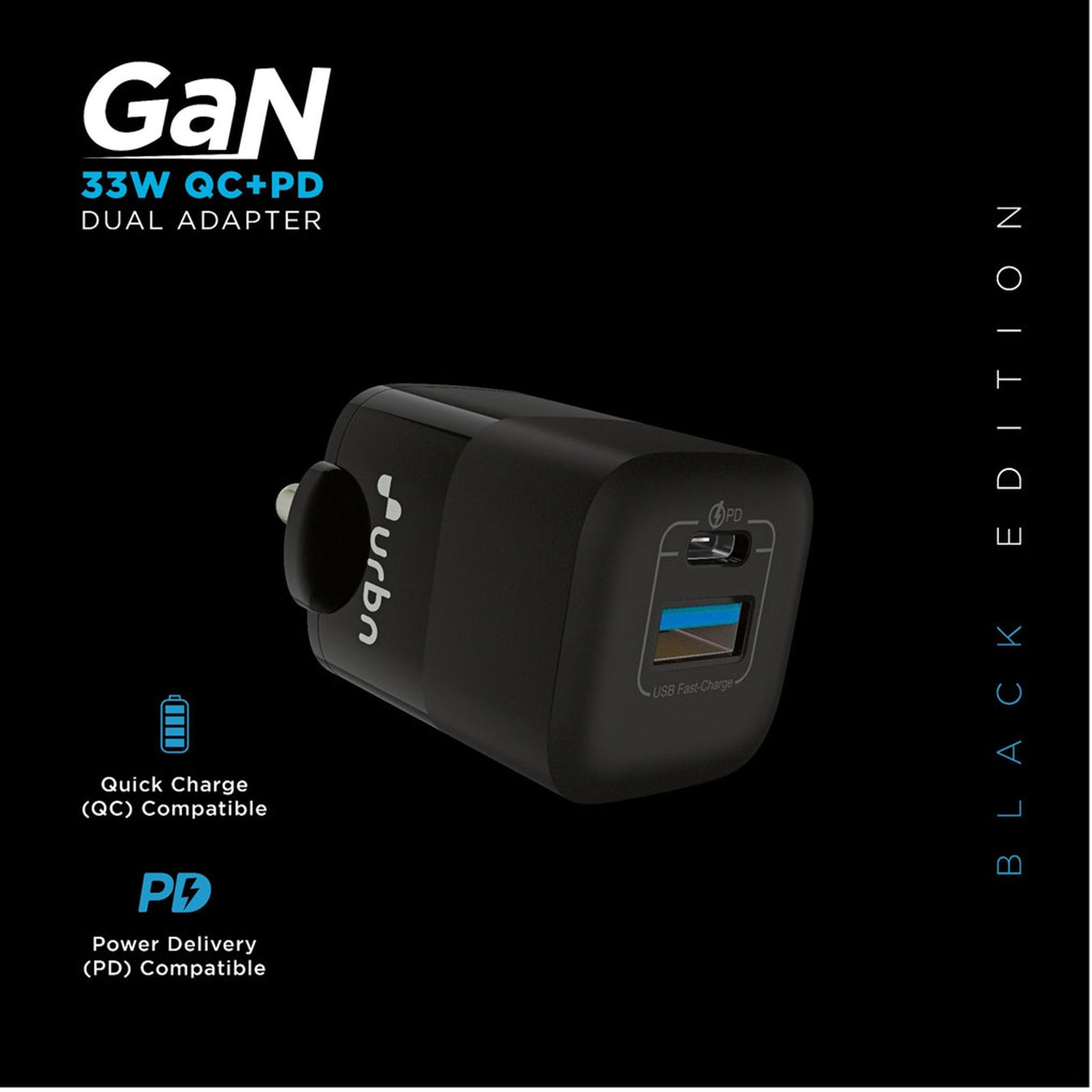 urbn 33W Type A & Type C 2-Port Fast Charger (Adapter Only, Short Circuit Control, Black)_3