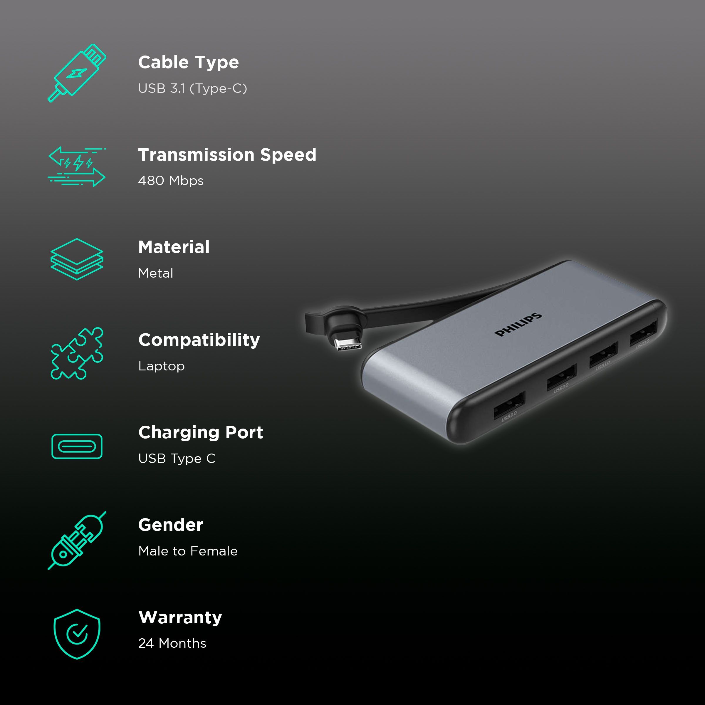 Philips 4-in-1 USB 3.1 Type C to USB 3.0 Type A USB Hub (5 Gbps Data Transfer Rate, Grey)_2