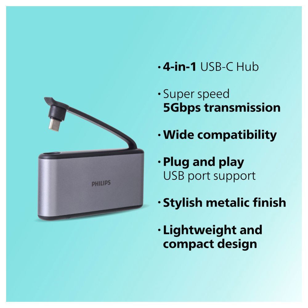 Philips 4-in-1 USB 3.1 Type C to USB 3.0 Type A USB Hub (5 Gbps Data Transfer Rate, Grey)_3