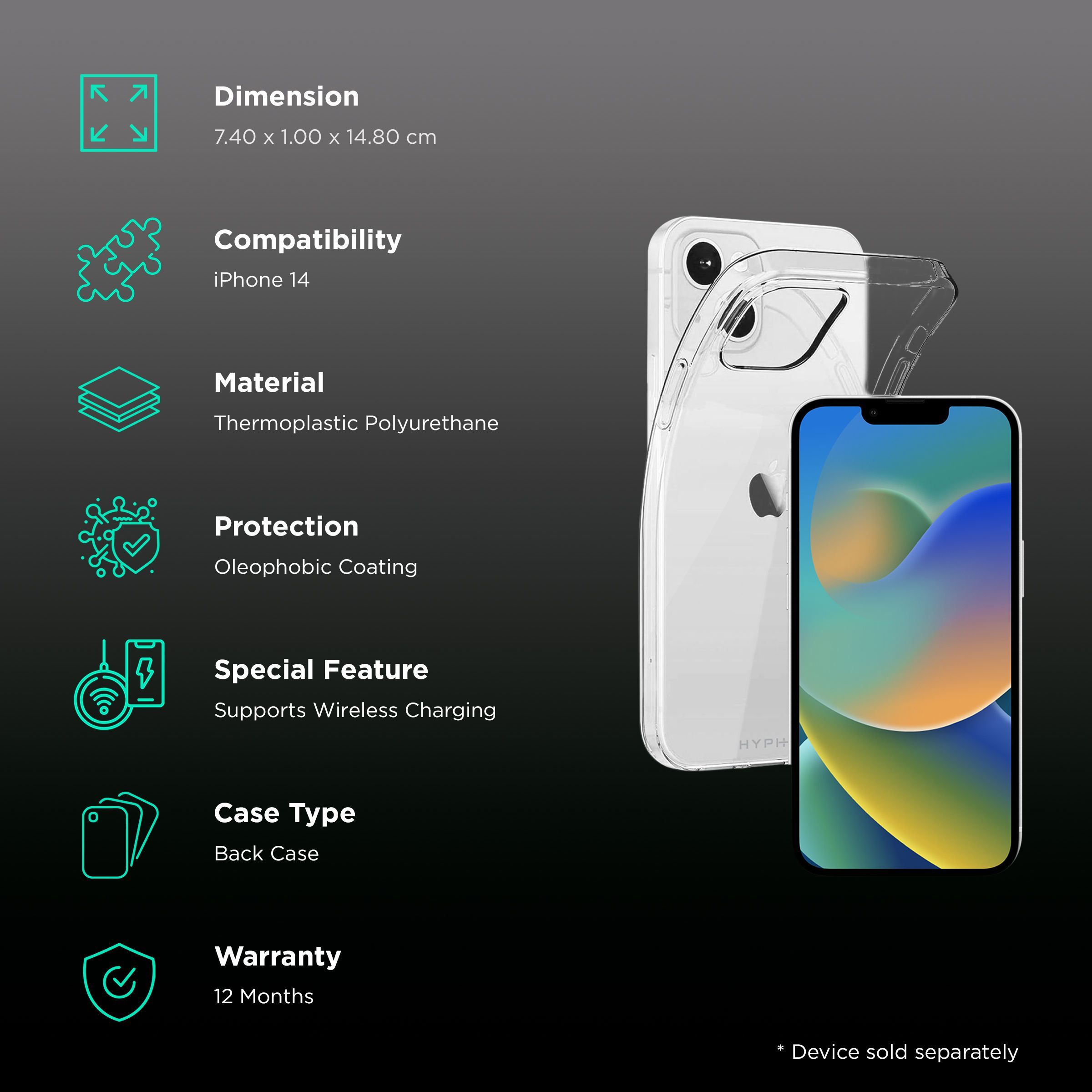 HYPHEN Aire Tempered Glass & TPU, Polycarbonate Back Cover Combo for Apple iPhone 14 (Wireless Charging Compatible, Clear)_2