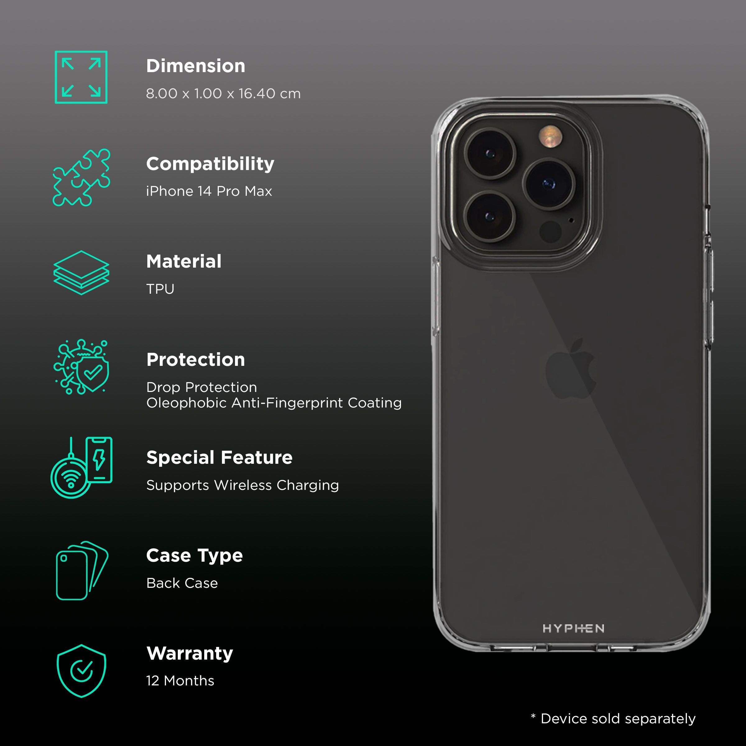 HYPHEN Aire Tempered Glass & TPU, Polycarbonate Back Cover Combo for Apple iPhone 14 Pro Max (Wireless Charging Compatible, Clear)_2