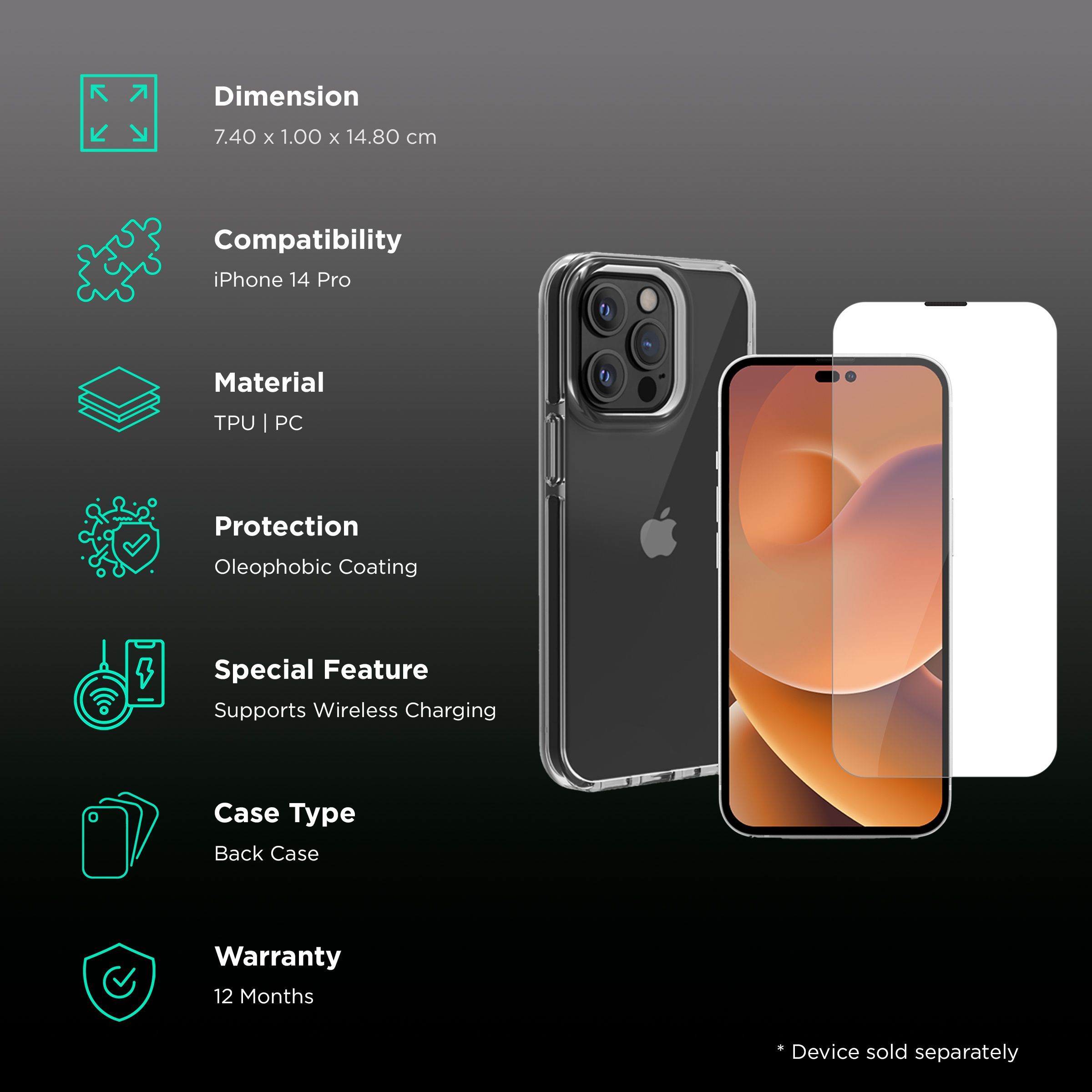 HYPHEN Duro Tempered Glass & TPU, Polycarbonate Back Cover Combo for Apple iPhone 14 Pro (Wireless Charging Compatible, Clear) HYPHEN Duro Tempered Glass & TPU, Polycarbonate Back Cover Combo for Apple iPhone 14 Pro (Wireless Charging Compatible, Clear)_2