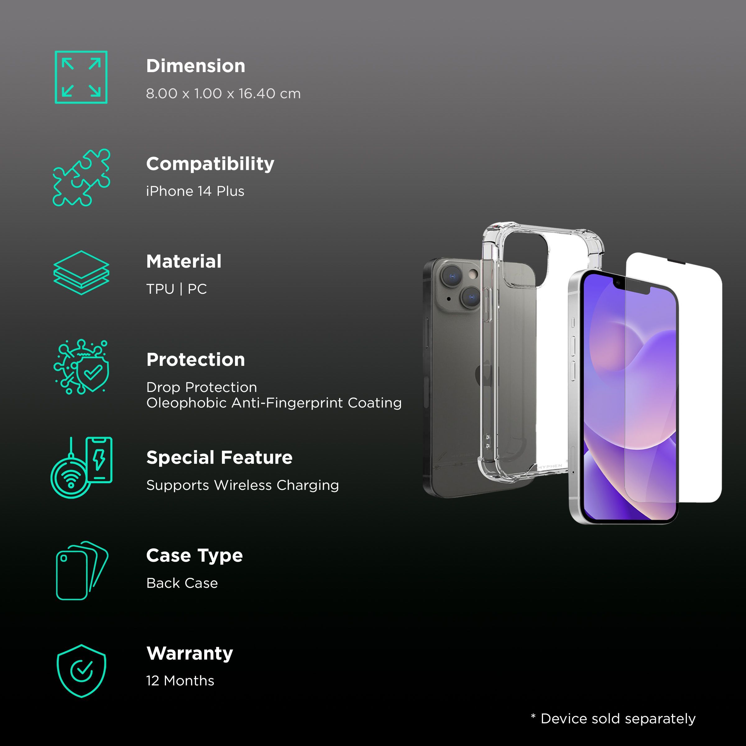 HYPHEN Duro Tempered Glass & TPU, Polycarbonate Back Cover Combo for Apple iPhone 14 Plus (Wireless Charging Compatible, Clear)_2