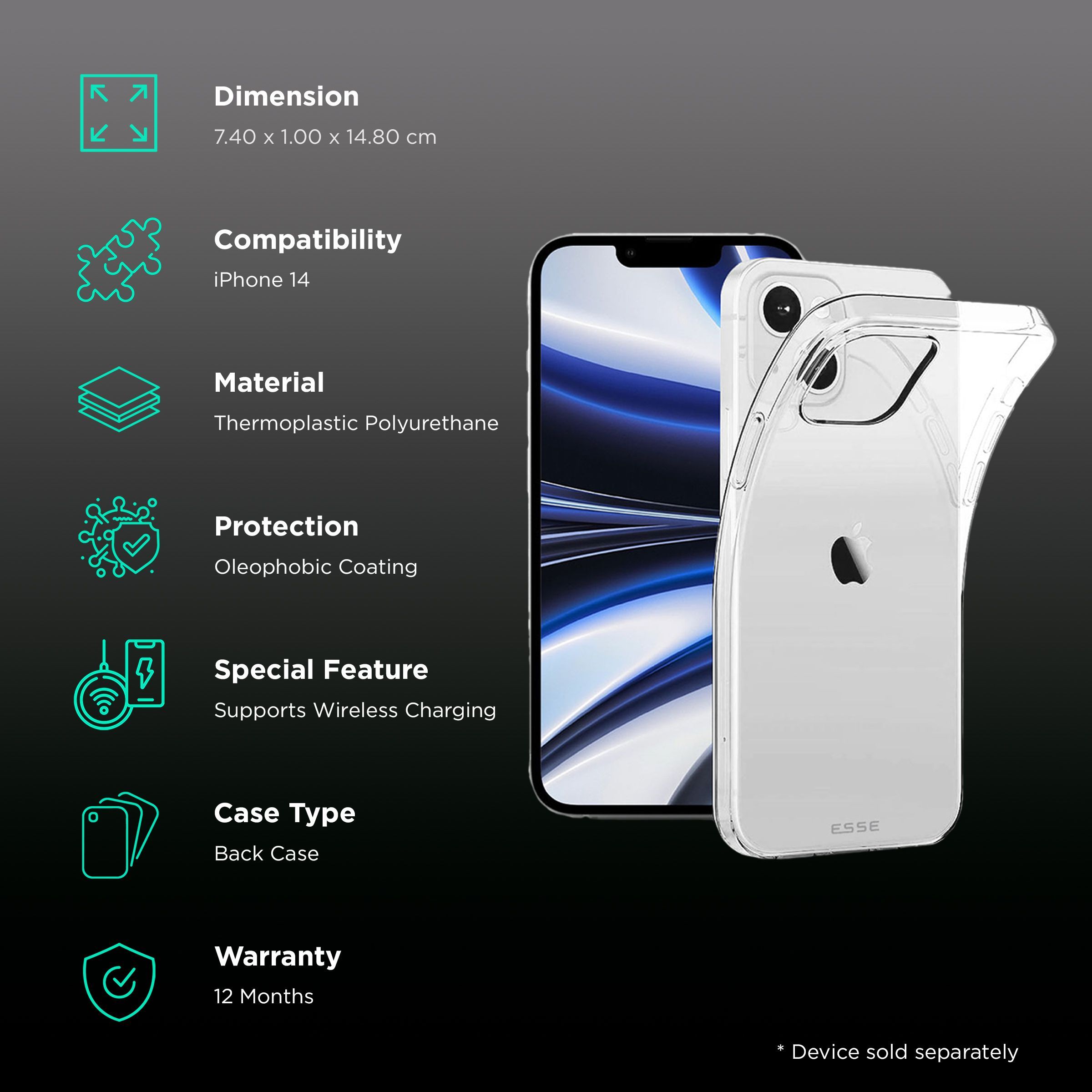 ESSE AIRSKIN Tempered Glass & Soft TPU Back Cover Combo for Apple iPhone 14 (Wireless Charging Compatible, Clear)_2