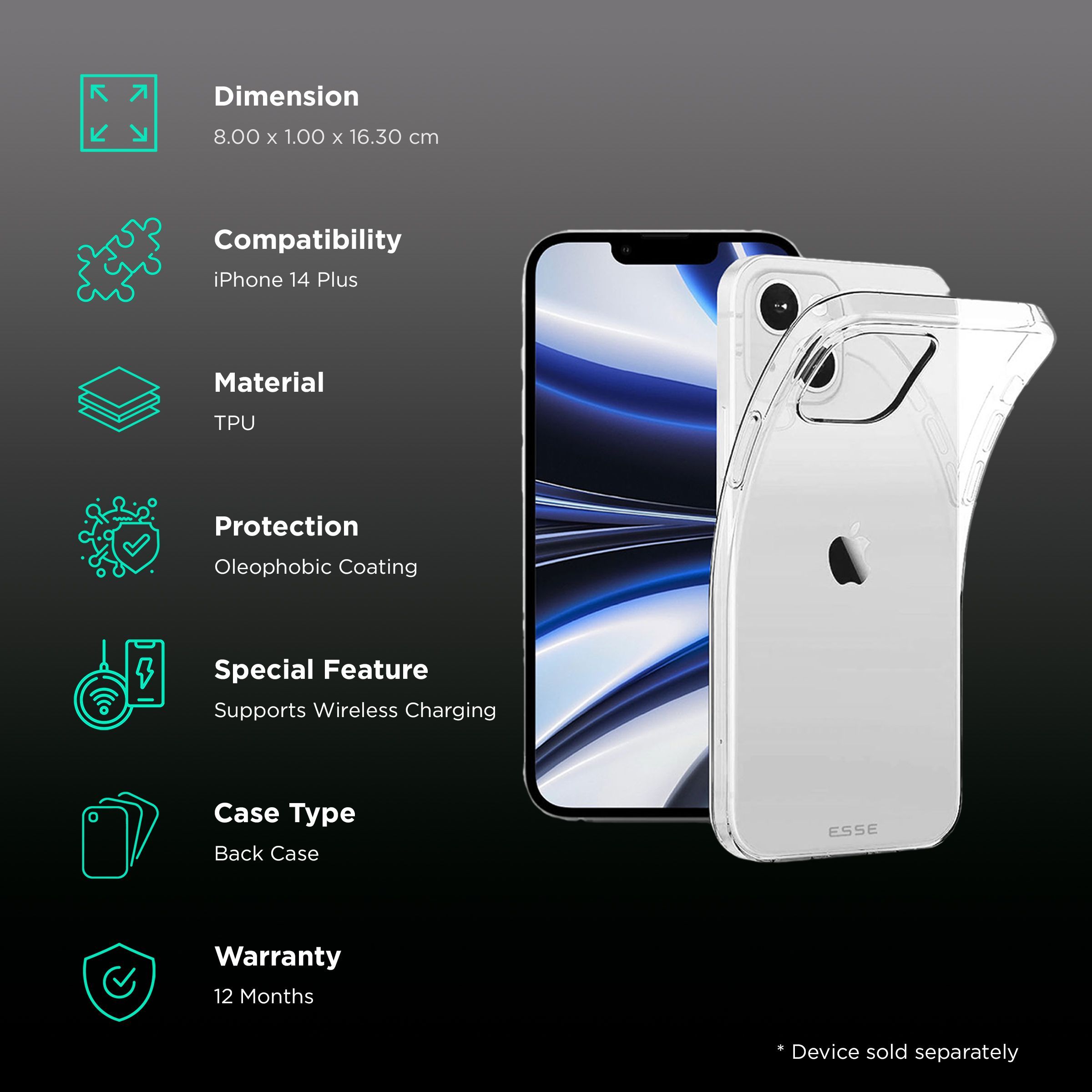 ESSE AIRSKIN Tempered Glass & Soft TPU Back Cover Combo for Apple iPhone 14 Plus (Wireless Charging Compatible, Clear)_2