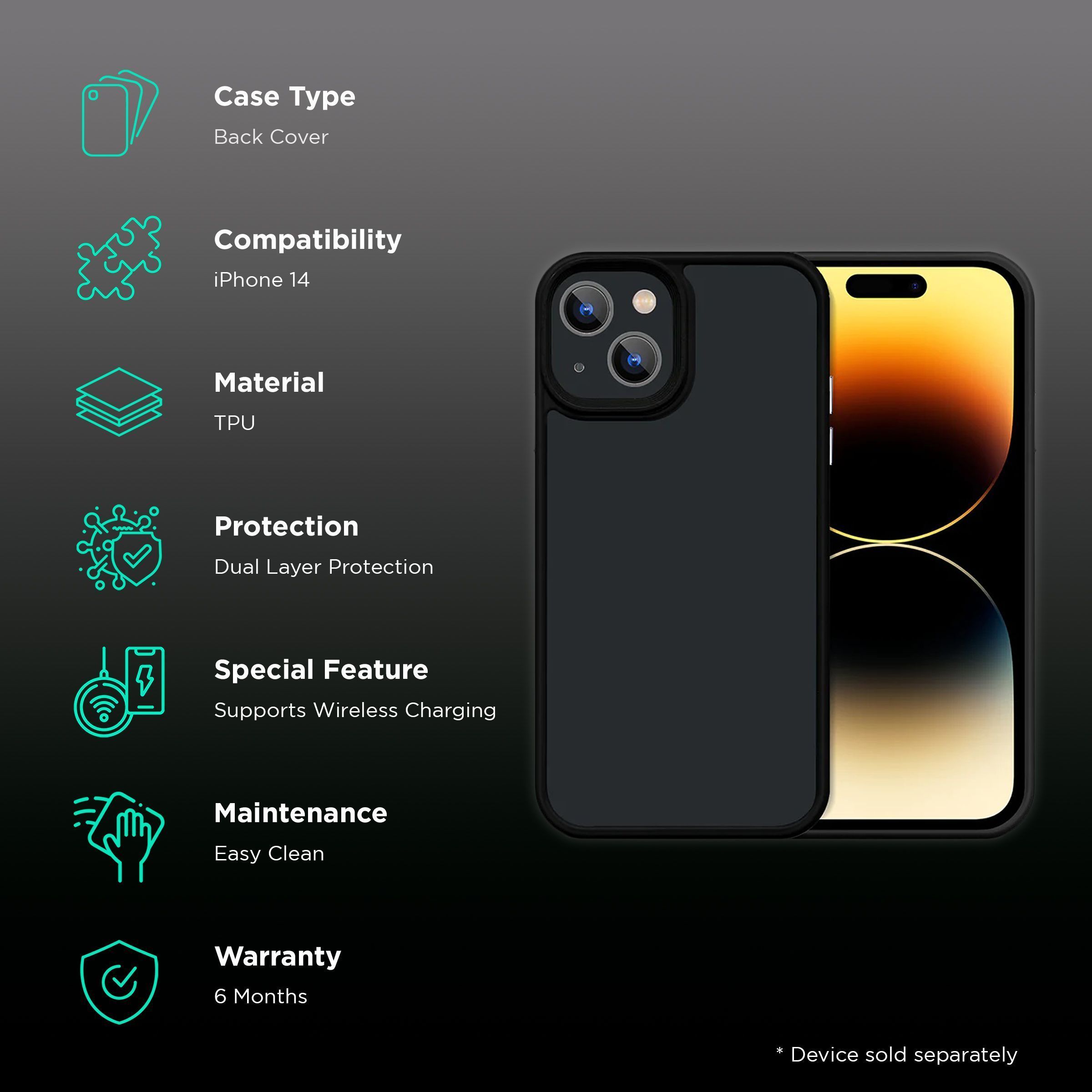 GRIPP Bolt Hard TPU Back Cover for Apple iPhone 14, 13 (Supports Wireless Charging, Black)_2