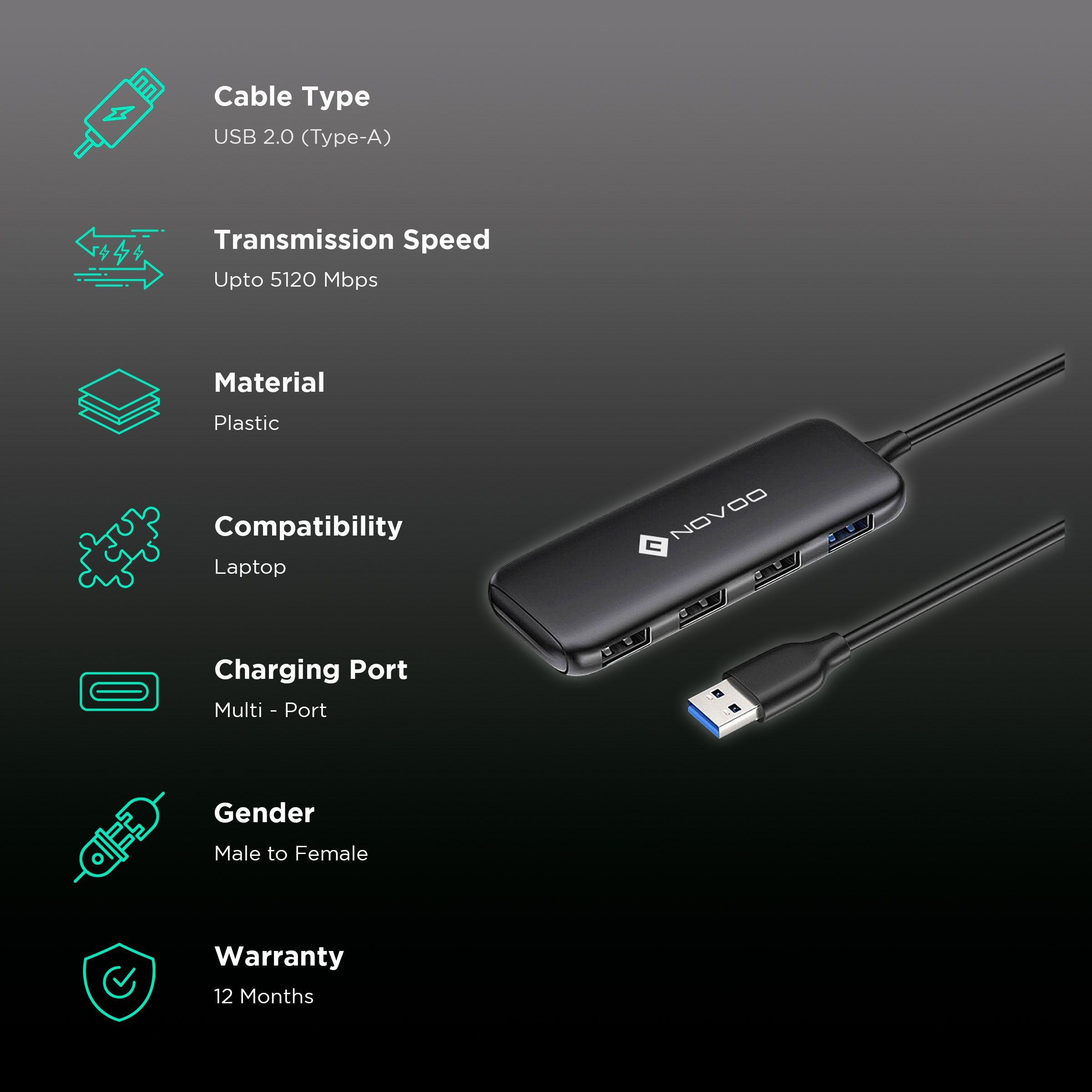 NOVOO 4-in-1 USB 3.0 Type A to USB 2.0 Type A, USB 3.0 Type A USB Hub (5 GbpsData Transfer Rate, Black)_2