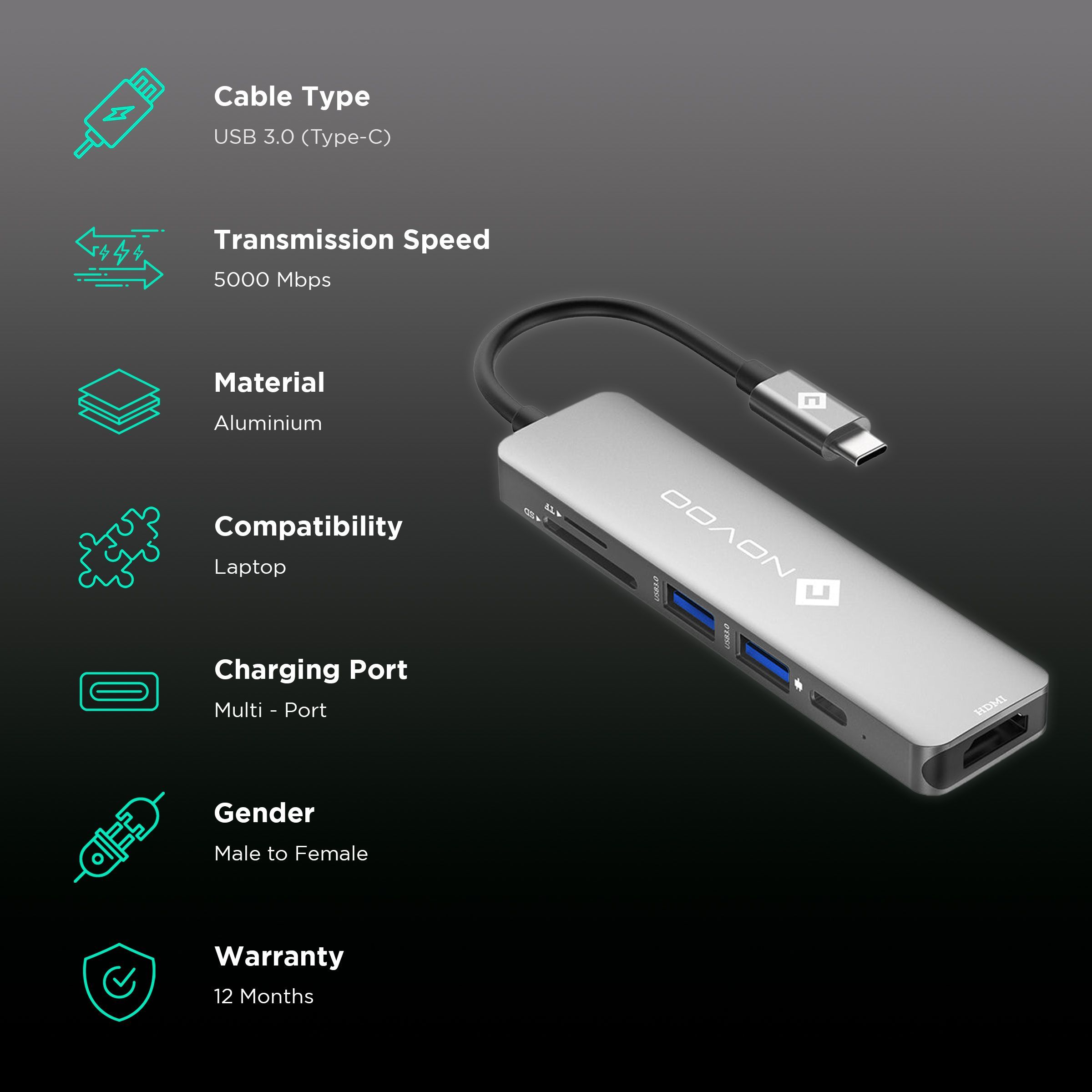 Novoo 6-in-1 USB 3.0 Type C to USB Type C, USB 3.0 Type A, SD Card Slot, TF Card Reader, HDMI Type A USB Hub (5 Gbps Data Transfer Rate, Grey)_2