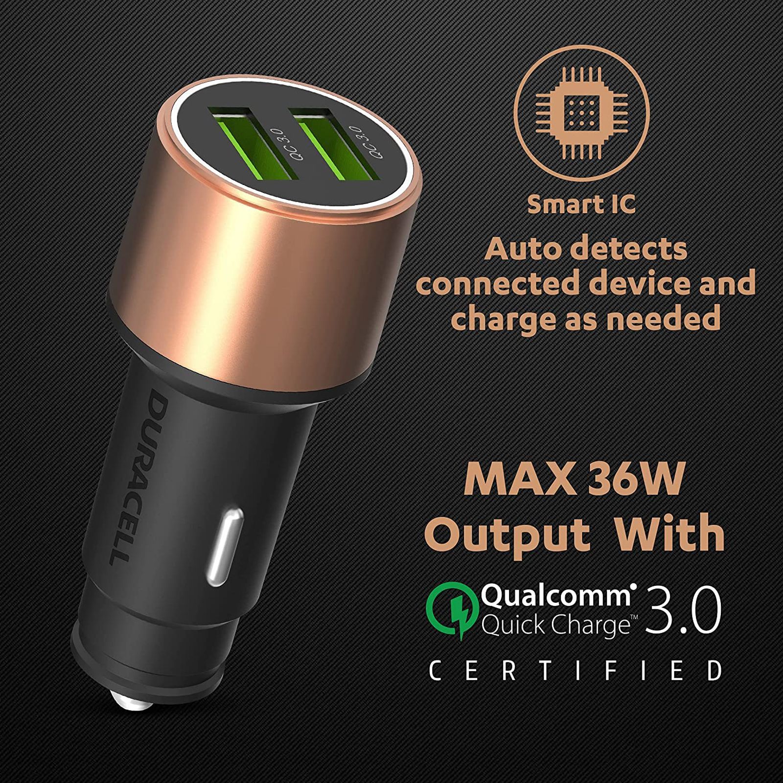 DURACELL 36W Fast Car Charger (Qualcomm Certified, Smart IC Technology, Black)_3