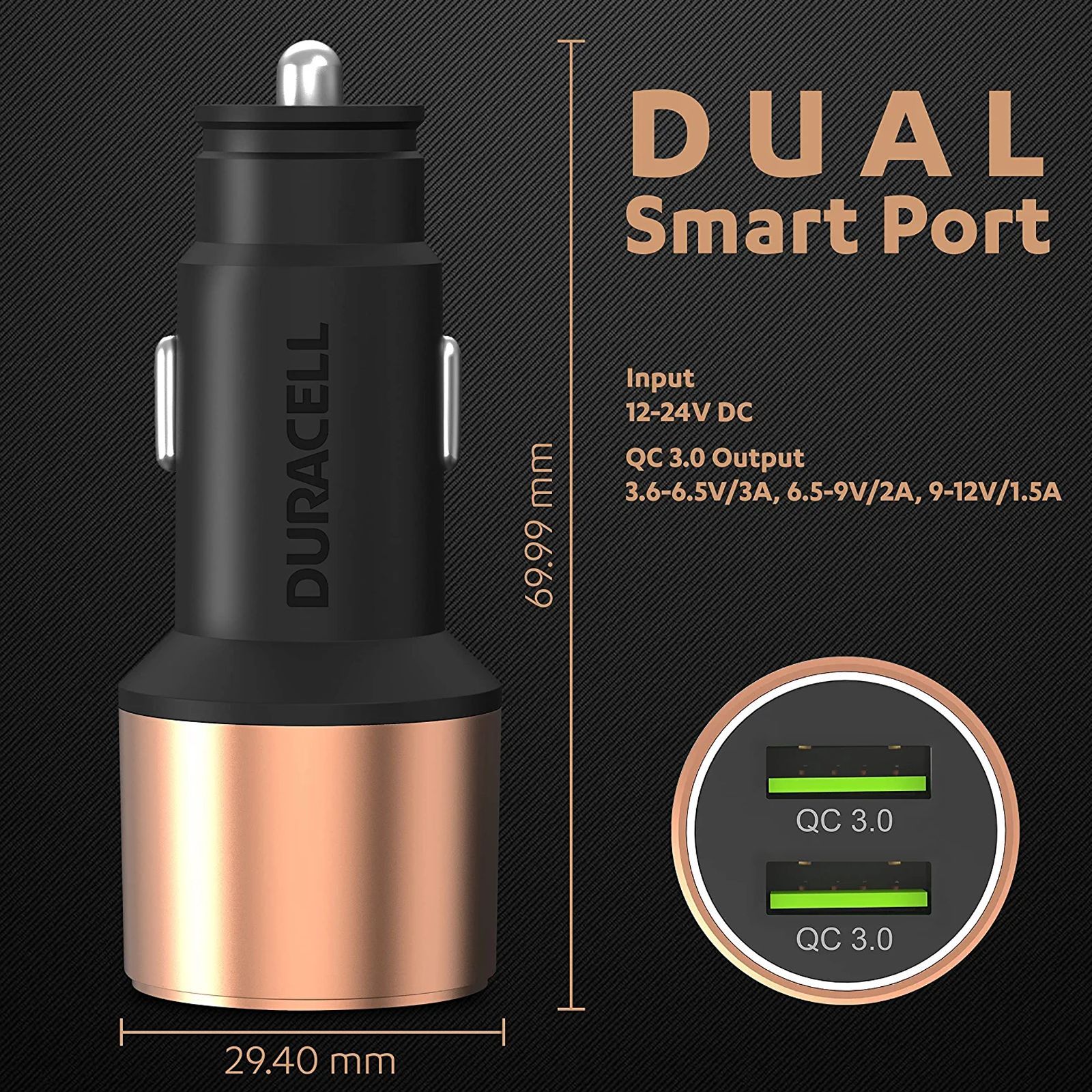 DURACELL 36W Type A 2-Port Car Charger (Adapter Only, Qualcomm Quick Charge 3.0, Copper & Black)_5