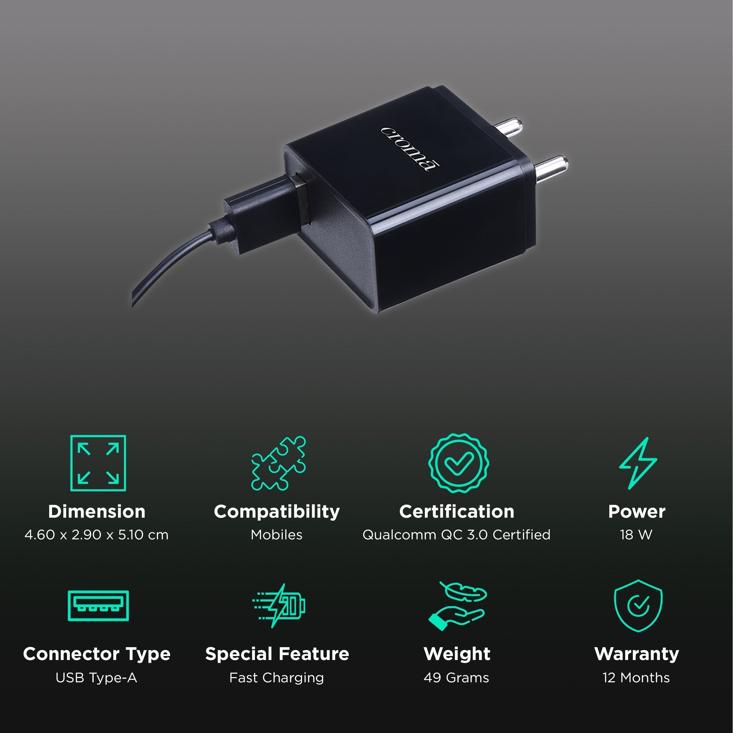 Croma 18W Type A Fast Charger (Adapter Only, Smart IC Technology, Black)_2
