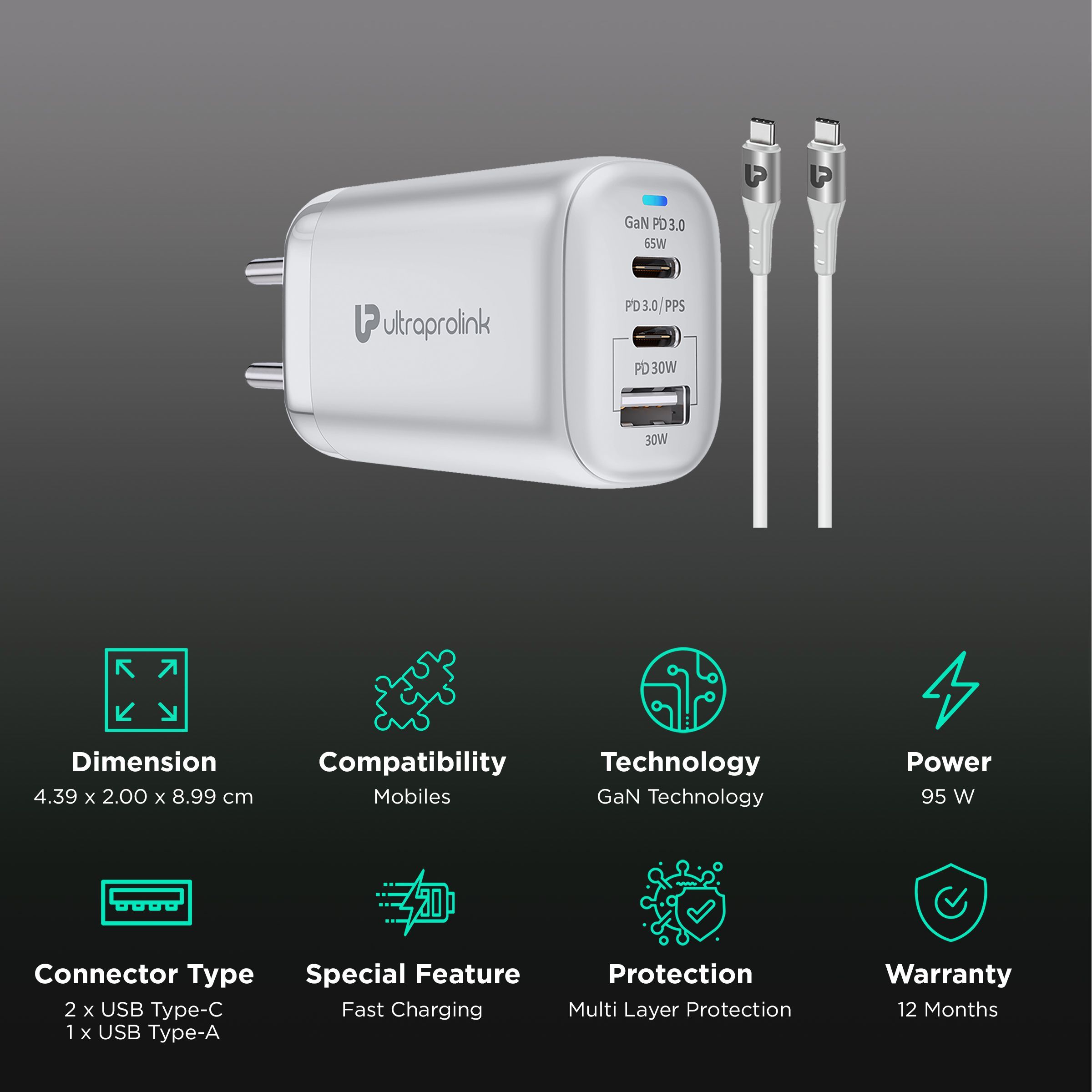 ultraprolink Boost 95W Type A & Type C 3-Port Fast Charger (Type C to Type C, Multi-Layer Protection, White) ultraprolink Boost 95W Type A & Type C 3-Port Fast Charger (Type C to Type C, Multi-Layer Protection, White)_2