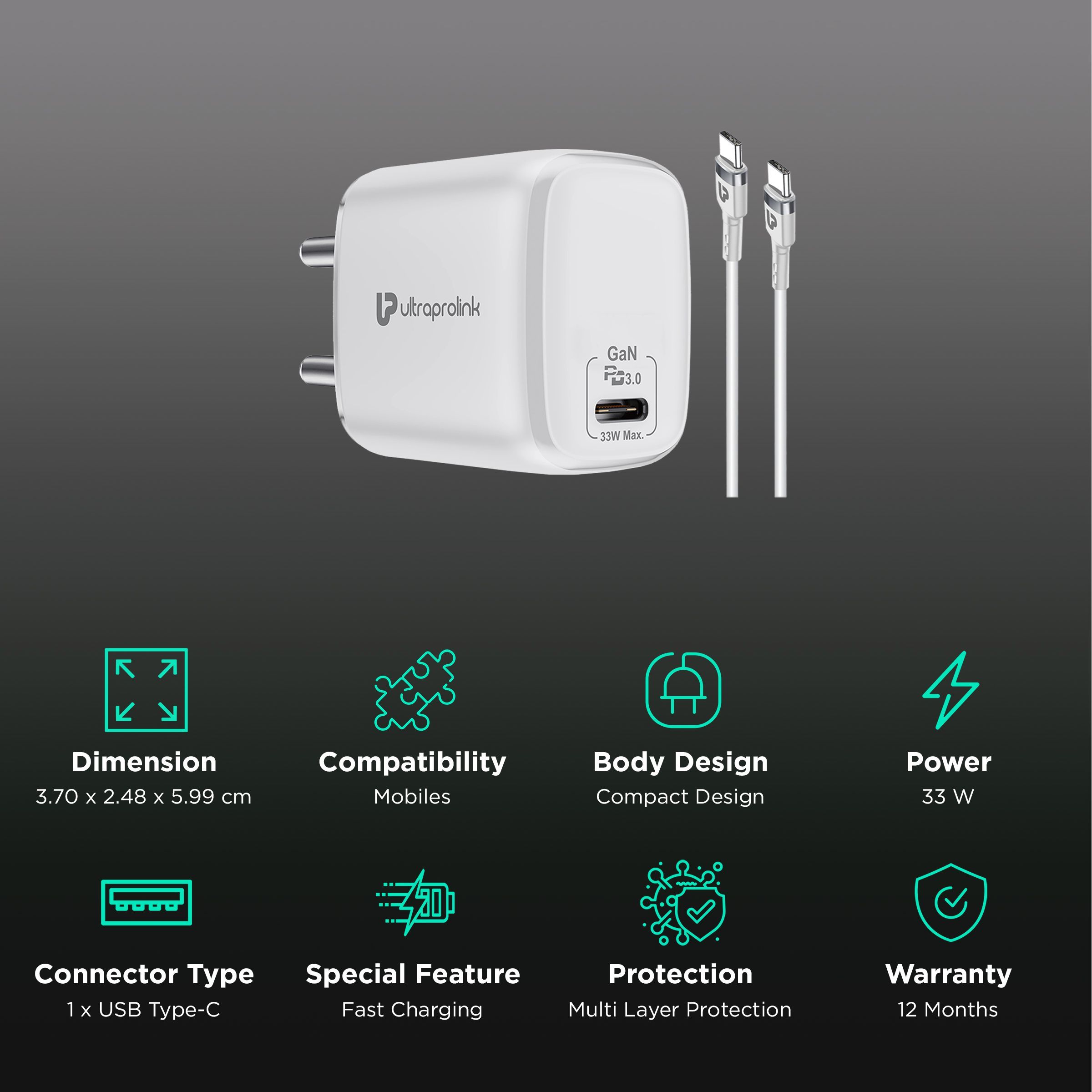 ultraprolink Boost 33W Type C Fast Charger (Type C to Type C, Multi-Layer Protection, White)_2