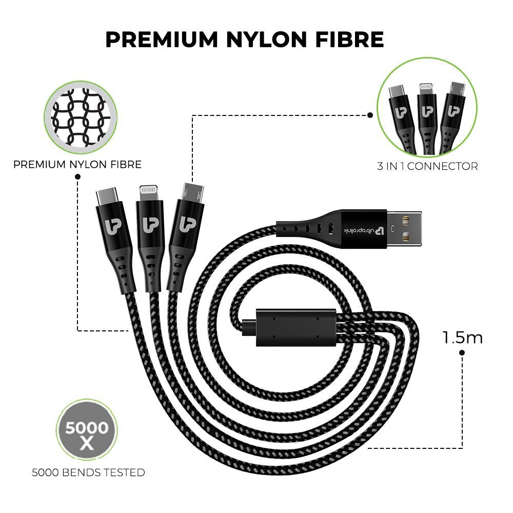 ultraprolink TrioLink Type A to Lightning Connector, Type B, Type C 4.95 Feet (1.5 M) 3-in-1 Cable (Tangle-free Design, Black)_10
