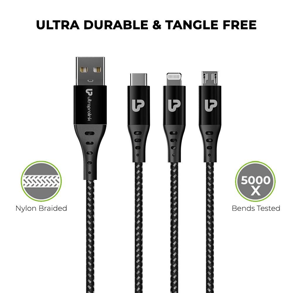 ultraprolink TrioLink Type A to Lightning Connector, Type B, Type C 4.95 Feet (1.5 M) 3-in-1 Cable (Tangle-free Design, Black)_12