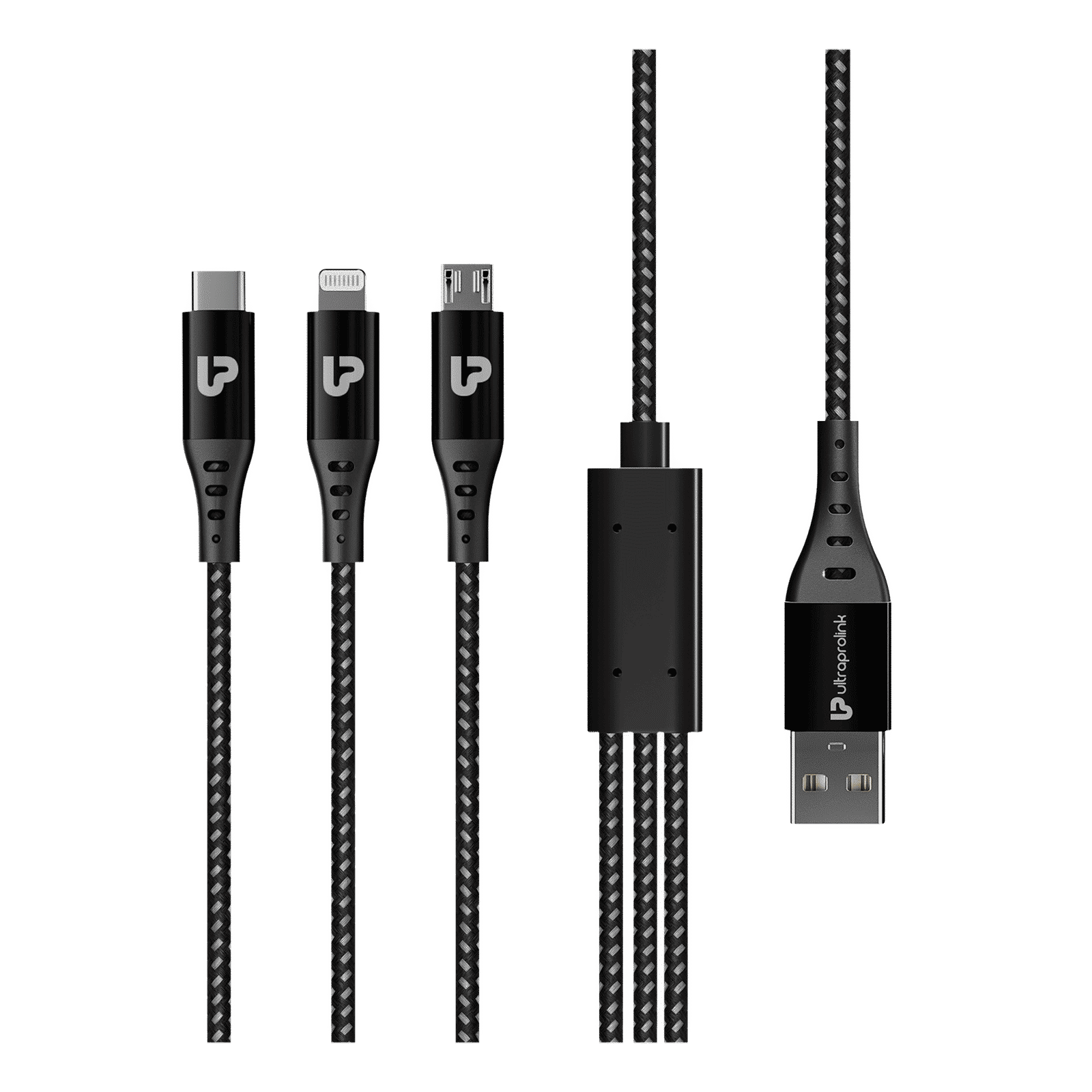 ultraprolink TrioLink Type A to Lightning Connector, Type B, Type C 4.95 Feet (1.5 M) 3-in-1 Cable (Tangle-free Design, Black)_3