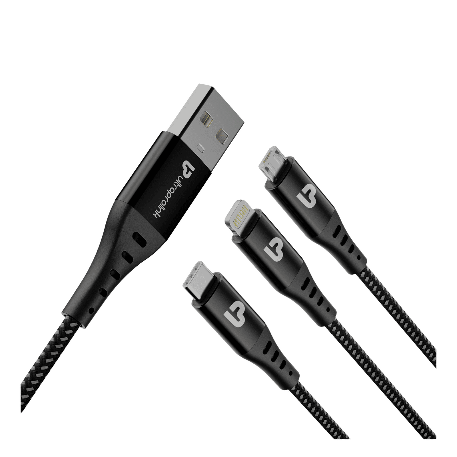 ultraprolink TrioLink Type A to Lightning Connector, Type B, Type C 4.95 Feet (1.5 M) 3-in-1 Cable (Tangle-free Design, Black)_4