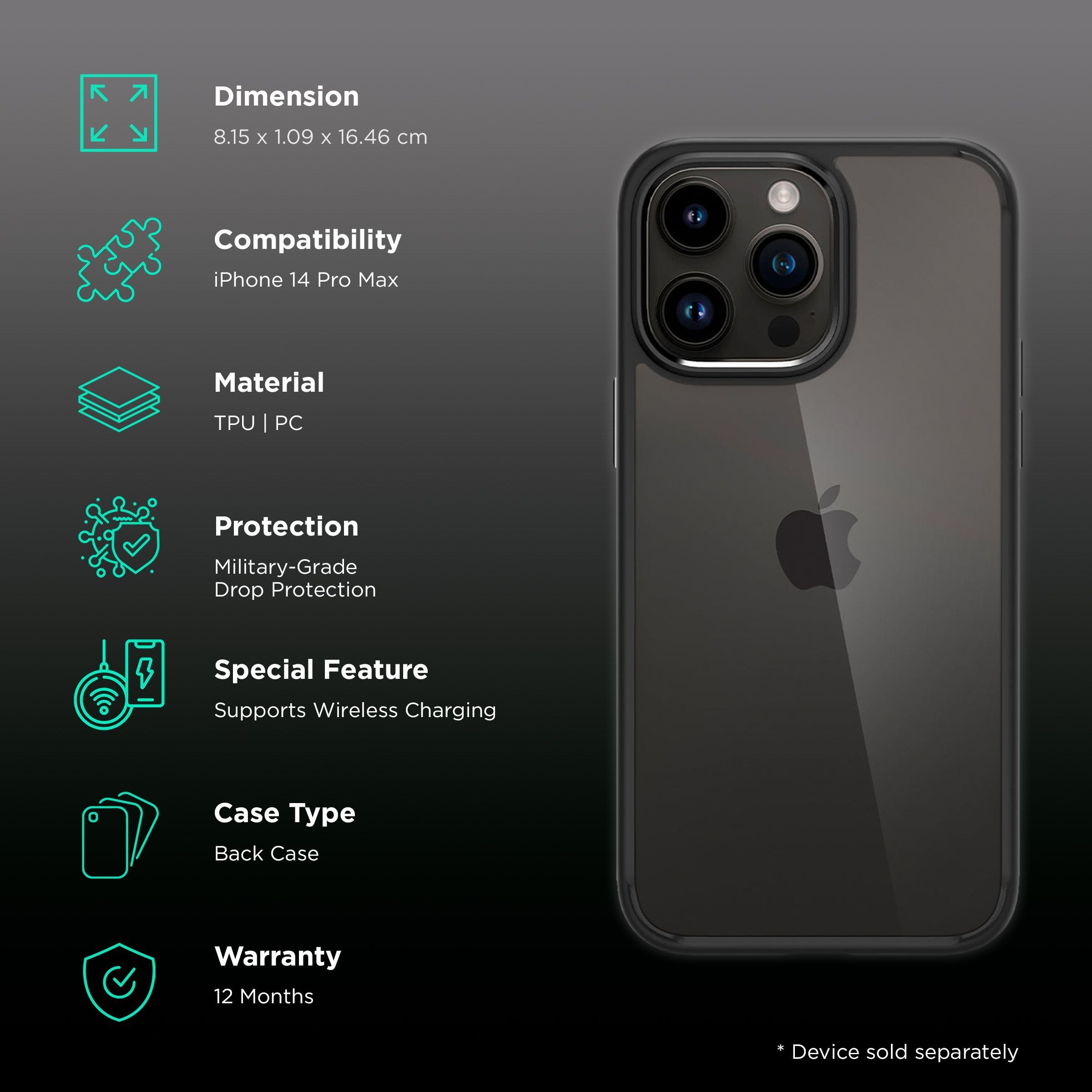 spigen Ultra Hybrid TPU & Polycarbonate Back Case for Apple iPhone 14 Pro Max (Wireless Charging Compatible, Matte Black)_2